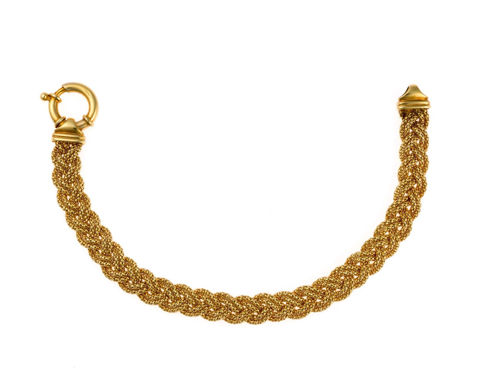 14K Gold Bracelet: 7 1/2" woven braid yellow gold bracelet with weight of 15.6 grams.