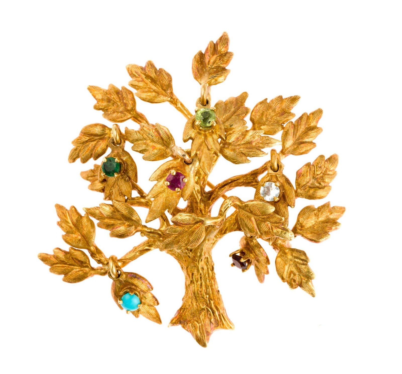 18K Gold Gem-Set Tree of Life Brooch: A hand made and signed (illegibly) tree form pendant or brooch in yellow gold (hand engraved 18k with the artisans signature). The height and width is 2". The piece also tests 18k and it weighs 23.6 g