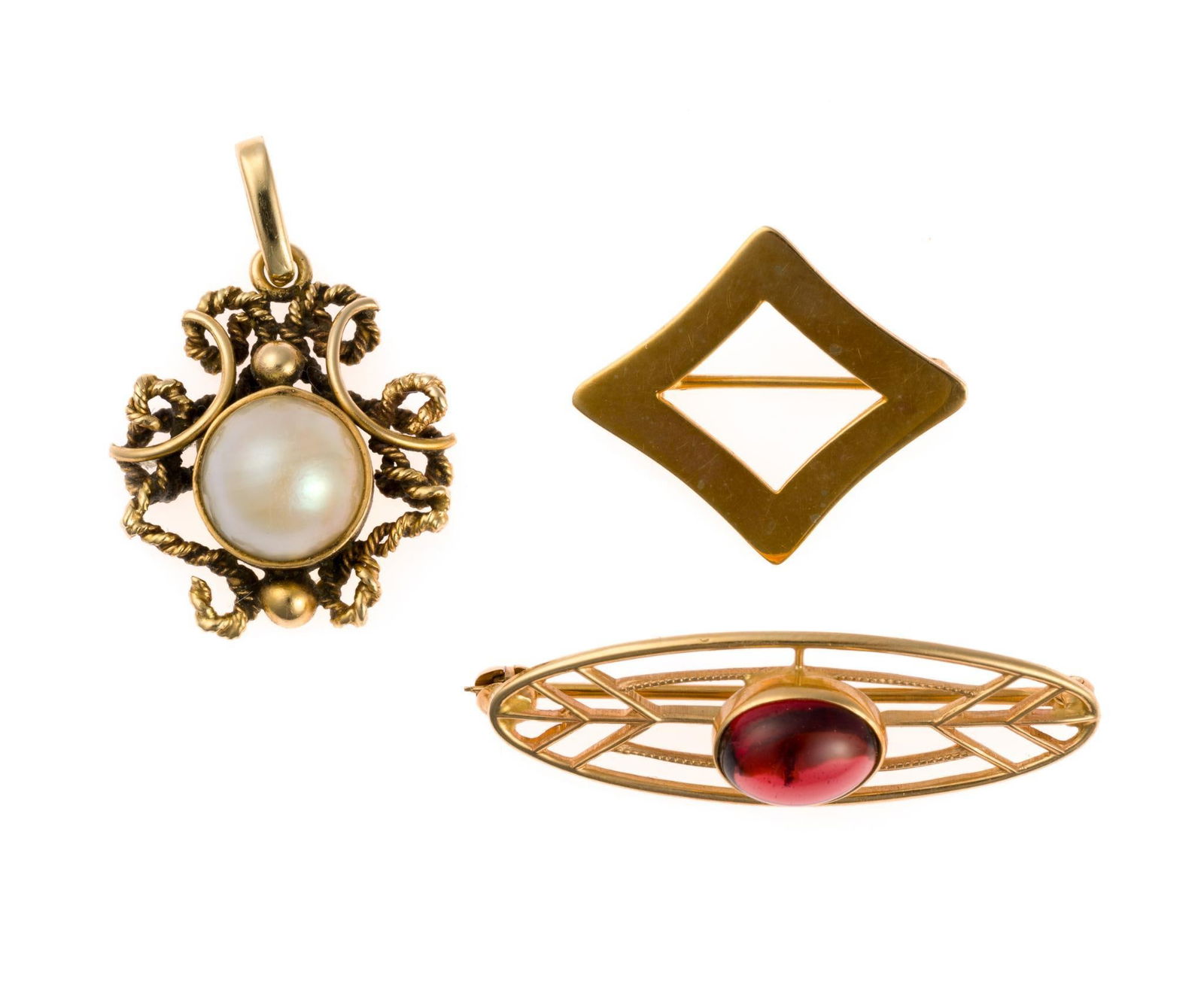14K Gold Pendant and Brooches: Two yellow gold brooches and a yellow gold pendant with pearl. All are marked 14k. The largest piece is 1 1/4" length. Total weight is 6.4 grams.