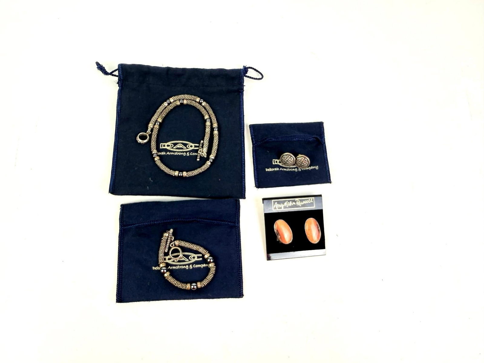 4 Pcs Sterling Silver Jewelry incl. Amy Kahn Russell: Also includes Deborah Armstrong & Company bracelet, earrings, and necklace matching set. Total 2.76 ozt