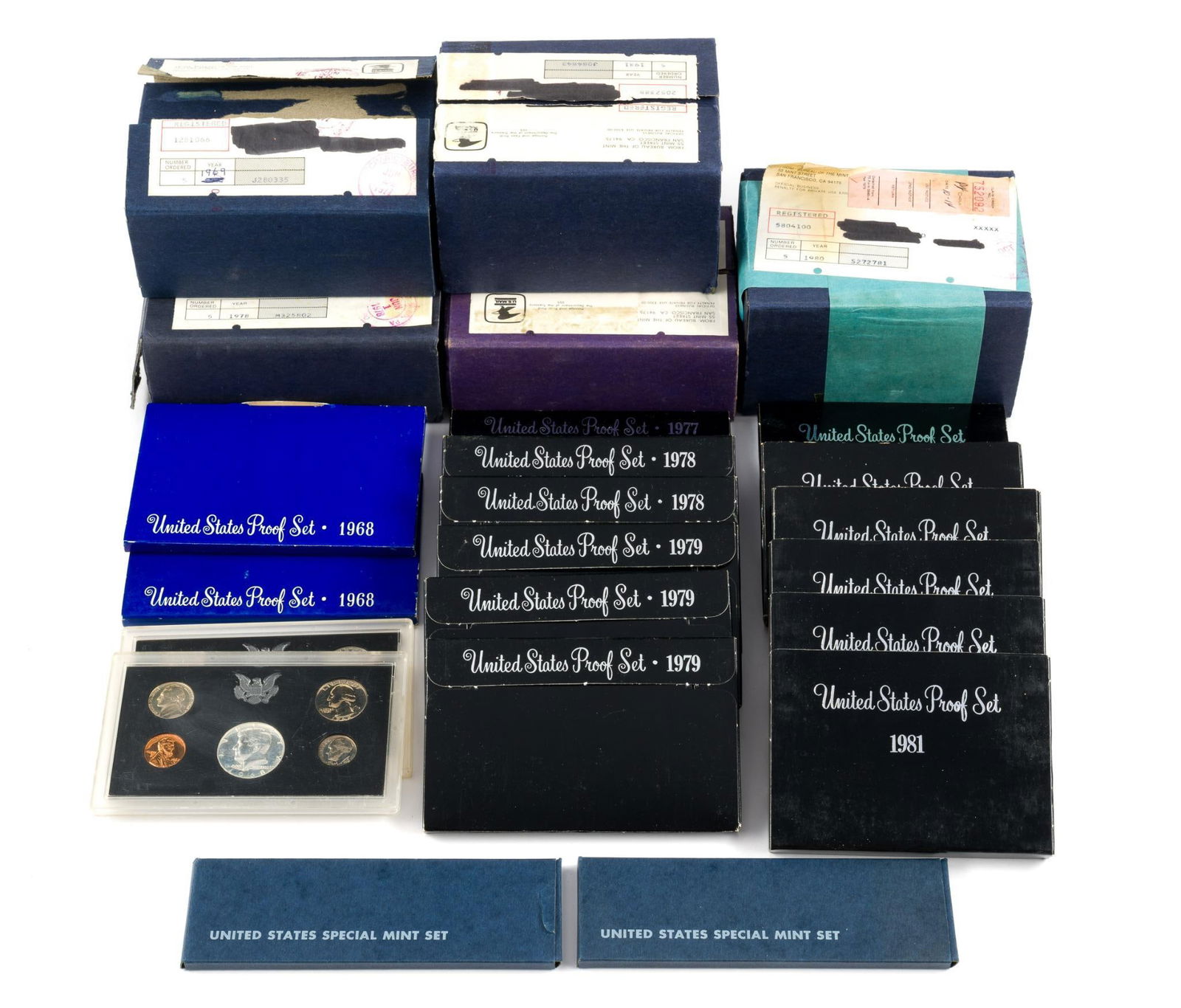 Forty Three Mint and Proof Sets: Forty one proof sets and two mint sets. Seven are pre-1970 with 40% silver halves.