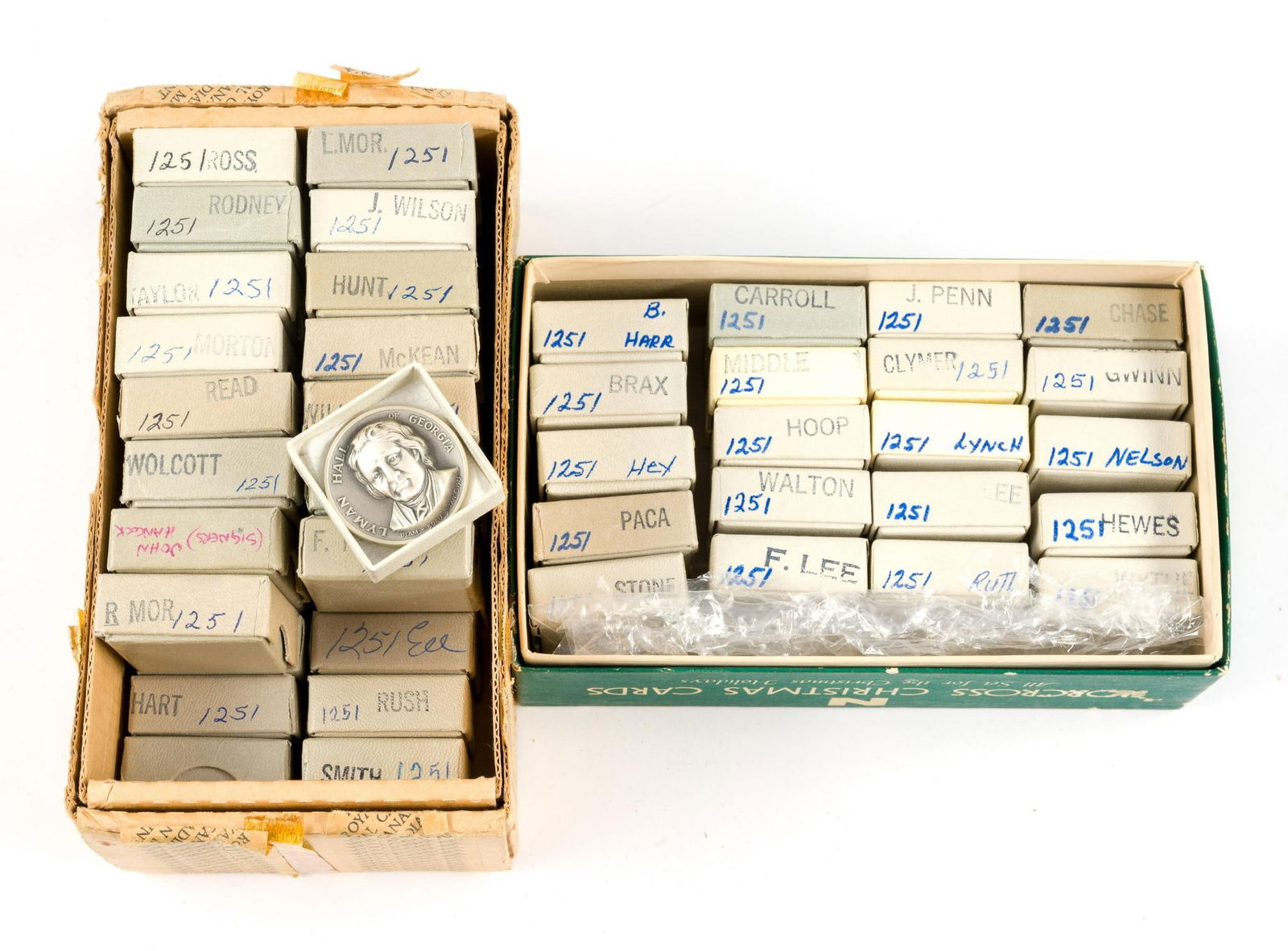 Silver Medallic Arts Signers Of The Declaration Of Independence: The two boxes contain the entire set of 56 Declaration signers. One has a weight of 26.2 grams, .84 troy ounces, total weight of 47.9 troy ounces. They are pure silver, .999 fine.