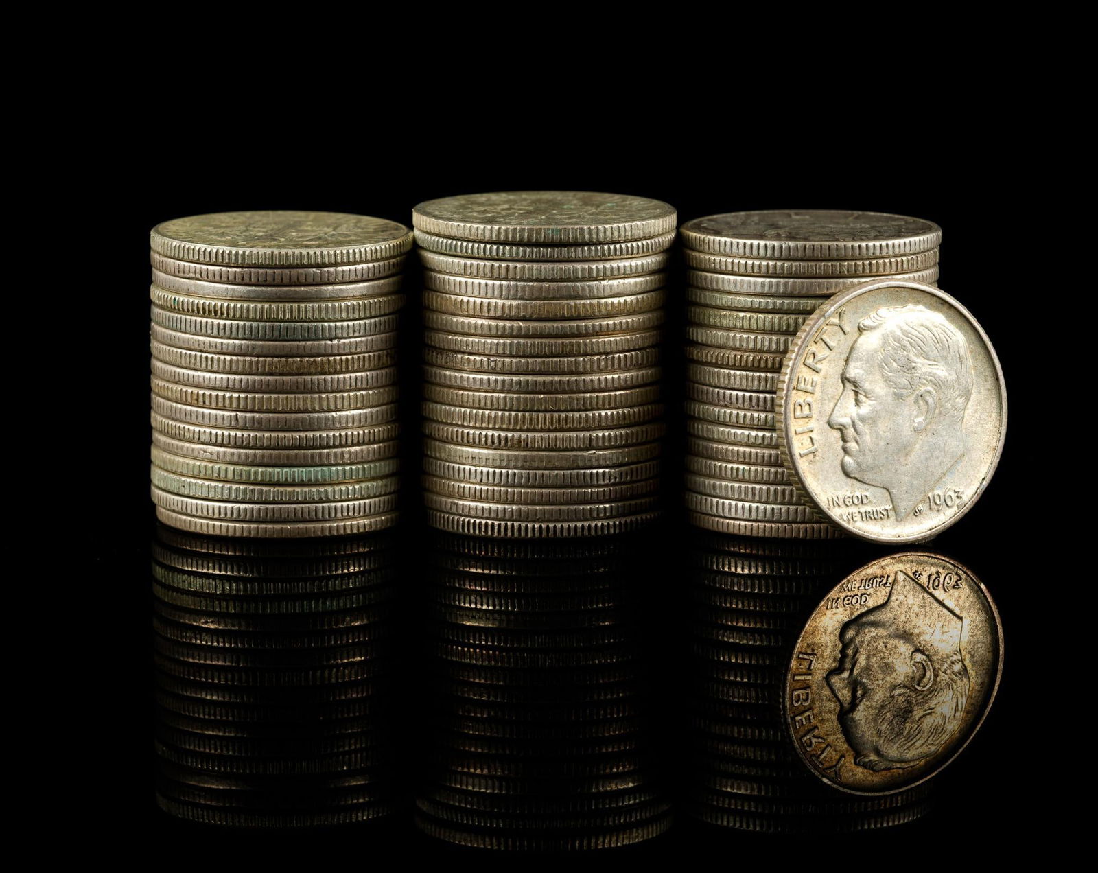 Fifty Mercury And Roosevelt Dimes: The larger percentage of these are Roosevelt dimes.