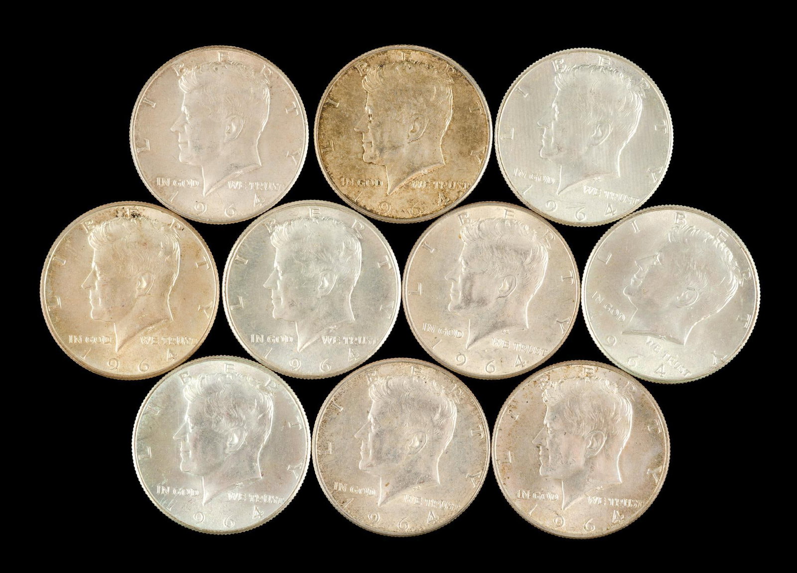 Ten Uncirculated Silver Kennedy Half Dollars: All are 1964.