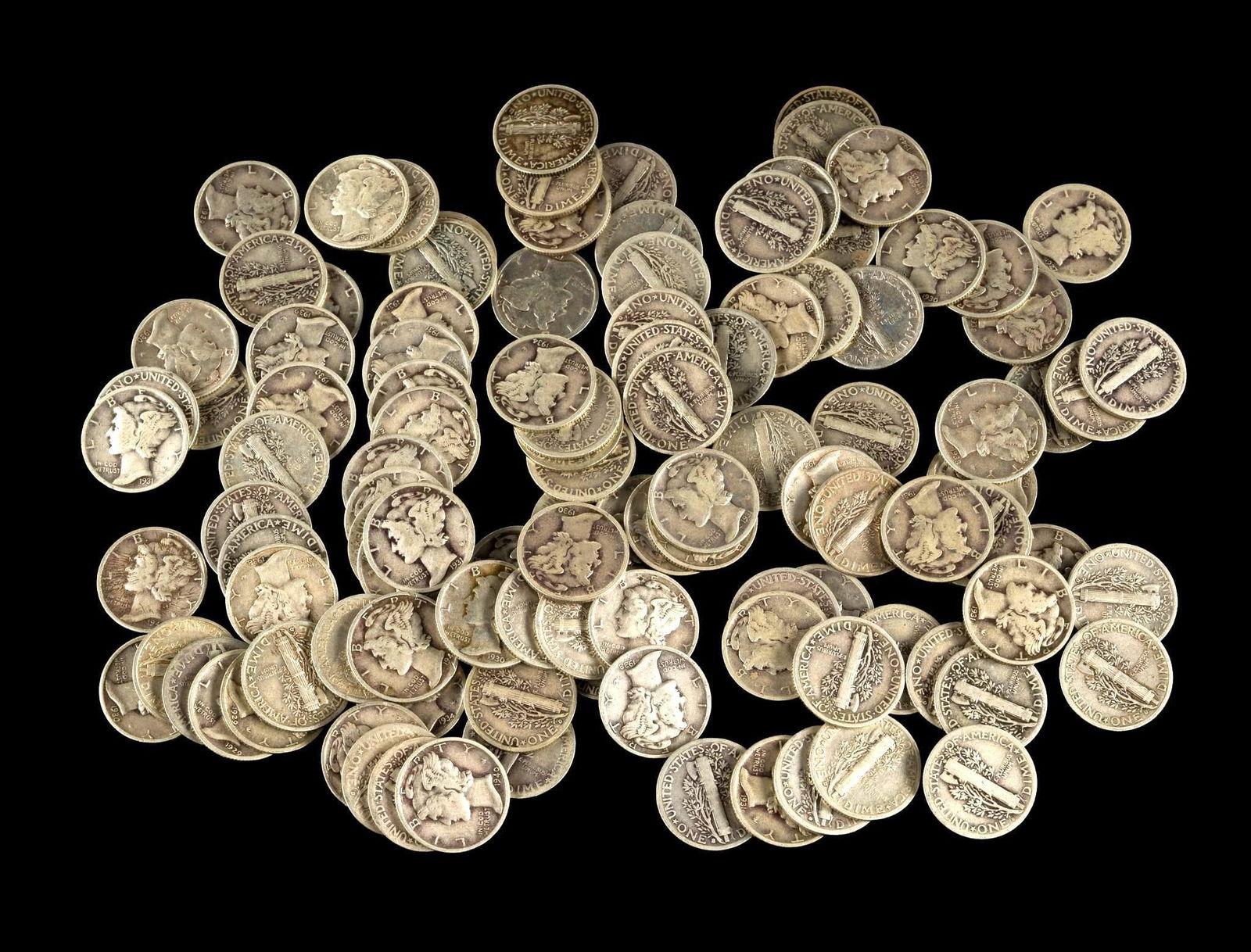 One Hundred Eleven Silver Mercury Dimes: Dates range from the 1920's through 1930's.