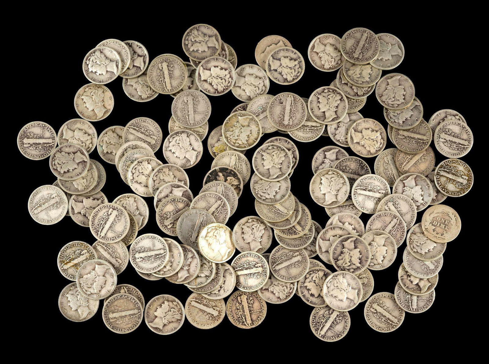 One Hundred Twenty Five Silver Mercury Dimes: Dates range from the 1920's through 1930's.