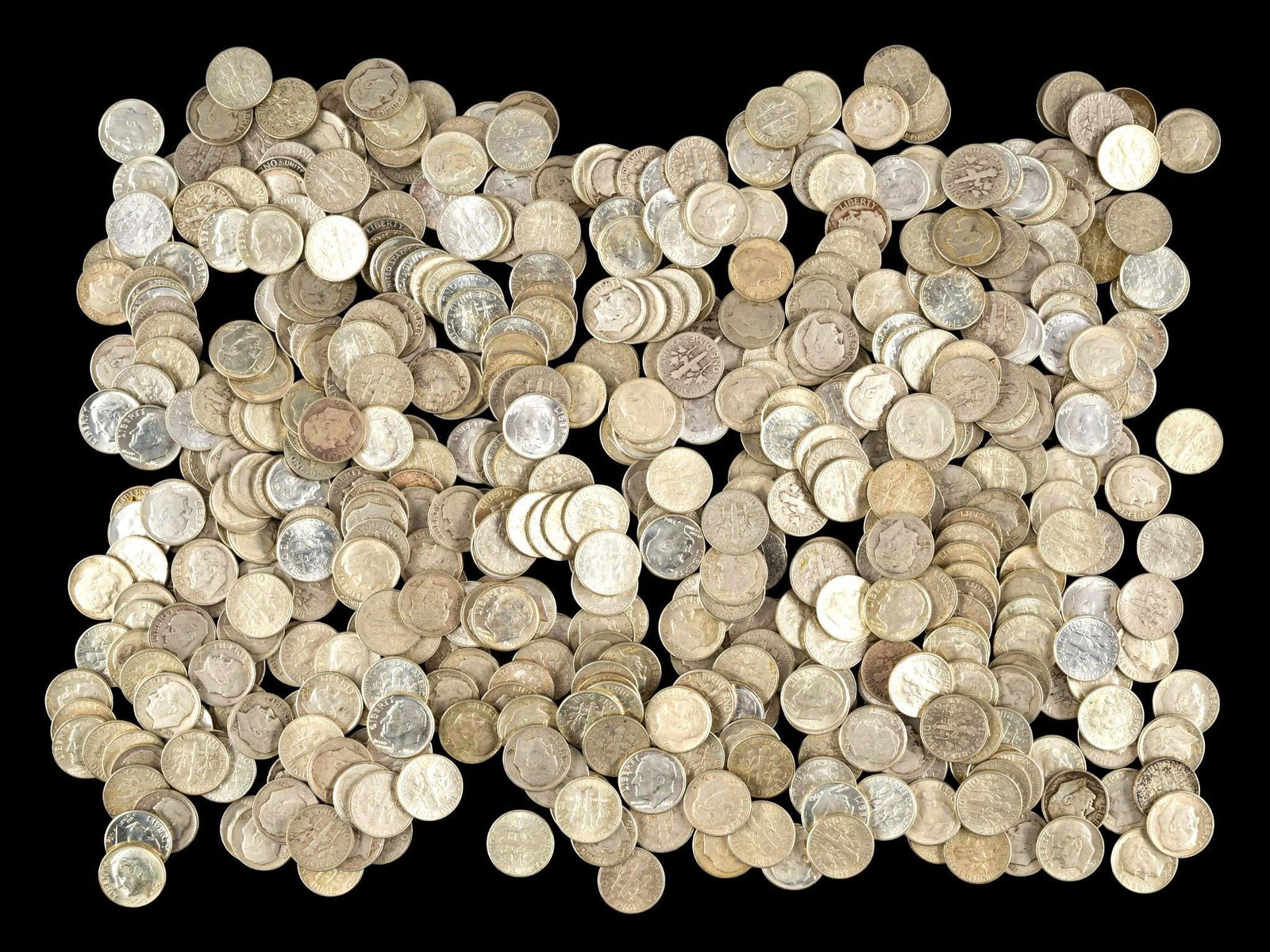 Five Hundred Silver Roosevelt Dimes: Dates range from the 1940's through 1964.