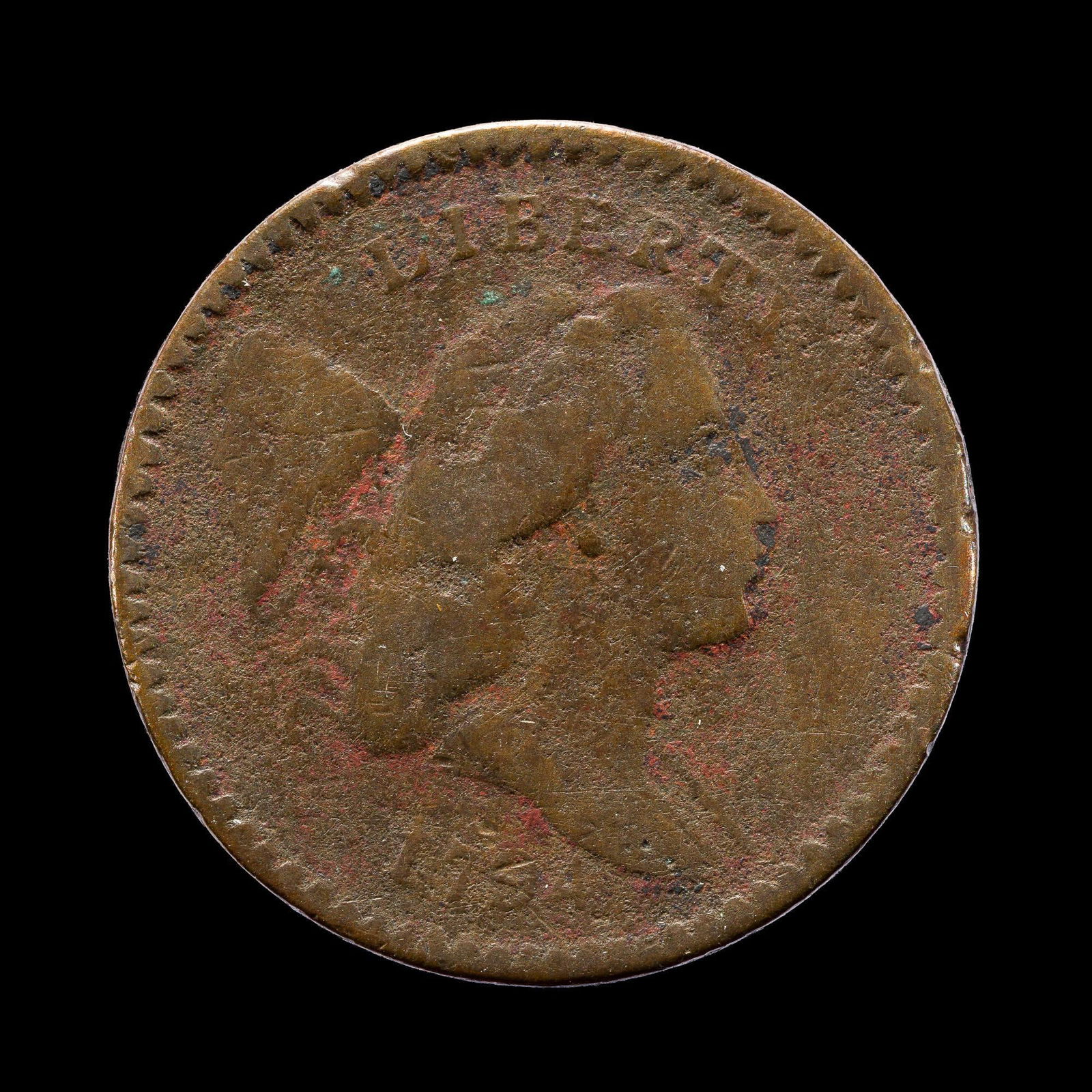 1794 Liberty Cap Flowing Hair Half Cent: A 1794 half cent facing right, large head in AG to G condition. From a high end, silver and copper United States type set with nearly every major coin type from 1794 through the mid 1900's.