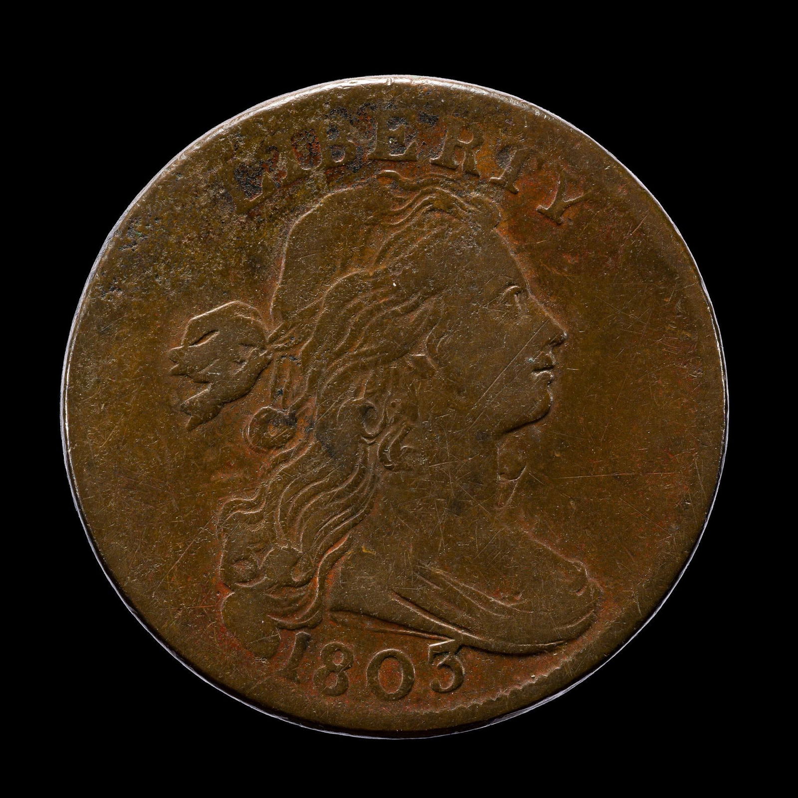 1803 Draped Bust Large Cent: A small date small fraction 1803 in very good to fine condition. From a high end, silver and copper United States type set with nearly every major coin type from 1794 through the mid 1900's.