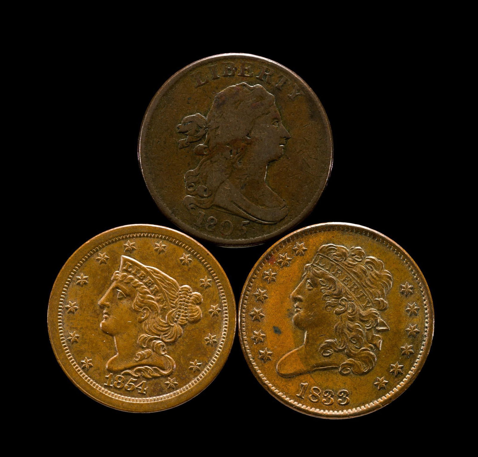Half Cents 1805, 1833, 1854: 1805 Draped Bust, 1833 Classic Head, 1854 Braided Hair. Both the 1833 and 1854 are AU, all three are without surface problems. From a high end, silver and copper United States type set with nearly eve