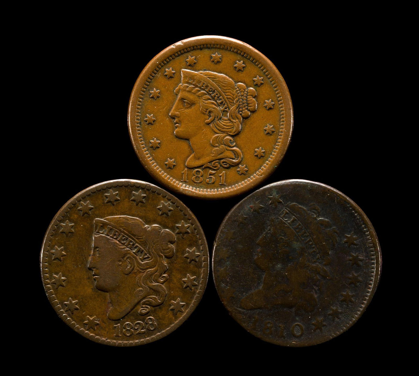 Large Cents 1810 1828 1851: Classic Head, Coronet Head, and Braided Hair. From a high end, silver and copper United States type set with nearly every major coin type from 1794 through the mid 1900's.