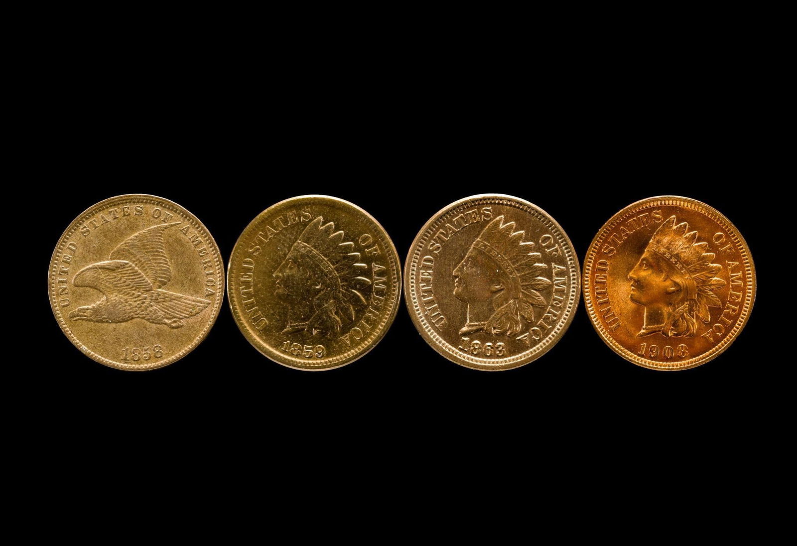 1858 Flying Eagle And Indian Head Cents: 1858 Flying Eagle and 1859 Indian Head cent, both XF to AU. 1863 and 1908, red, both uncirculated. From a high end, silver and copper United States type set with nearly every major coin type from 1794
