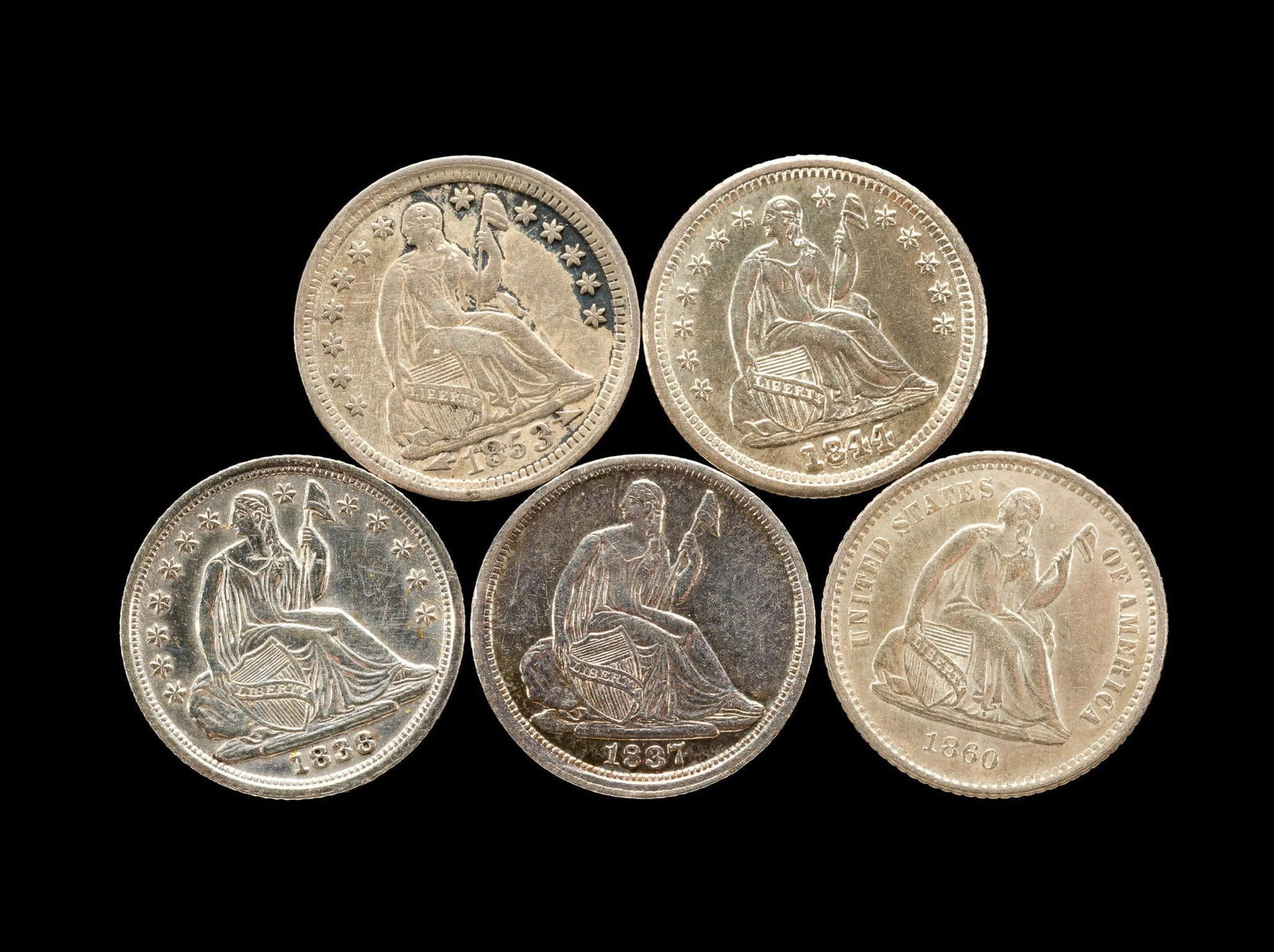 Set Of Five Seated Liberty Half Dimes: 1837 No Stars XF, 1838 Large Stars, not showing hairlines but has a polished look, 1844 Stars And Drapery uncirculated with cartwheel luster, 1853 Arrows VF, 1860-O Legend, in an upper uncirculated gr