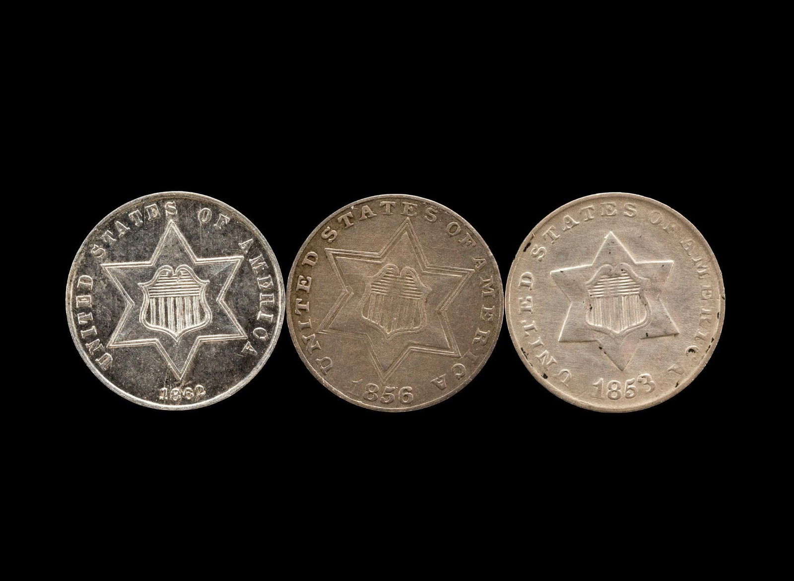 Three Cent Silver Coin Set: 1853 Small Star, 1856 Large Star Three Lines, 1862 Large Star Two Lines. All are problem free, which isn't the norm for 3 cent silver, and the 1862 is AU. From a high end, silver and copper United Sta