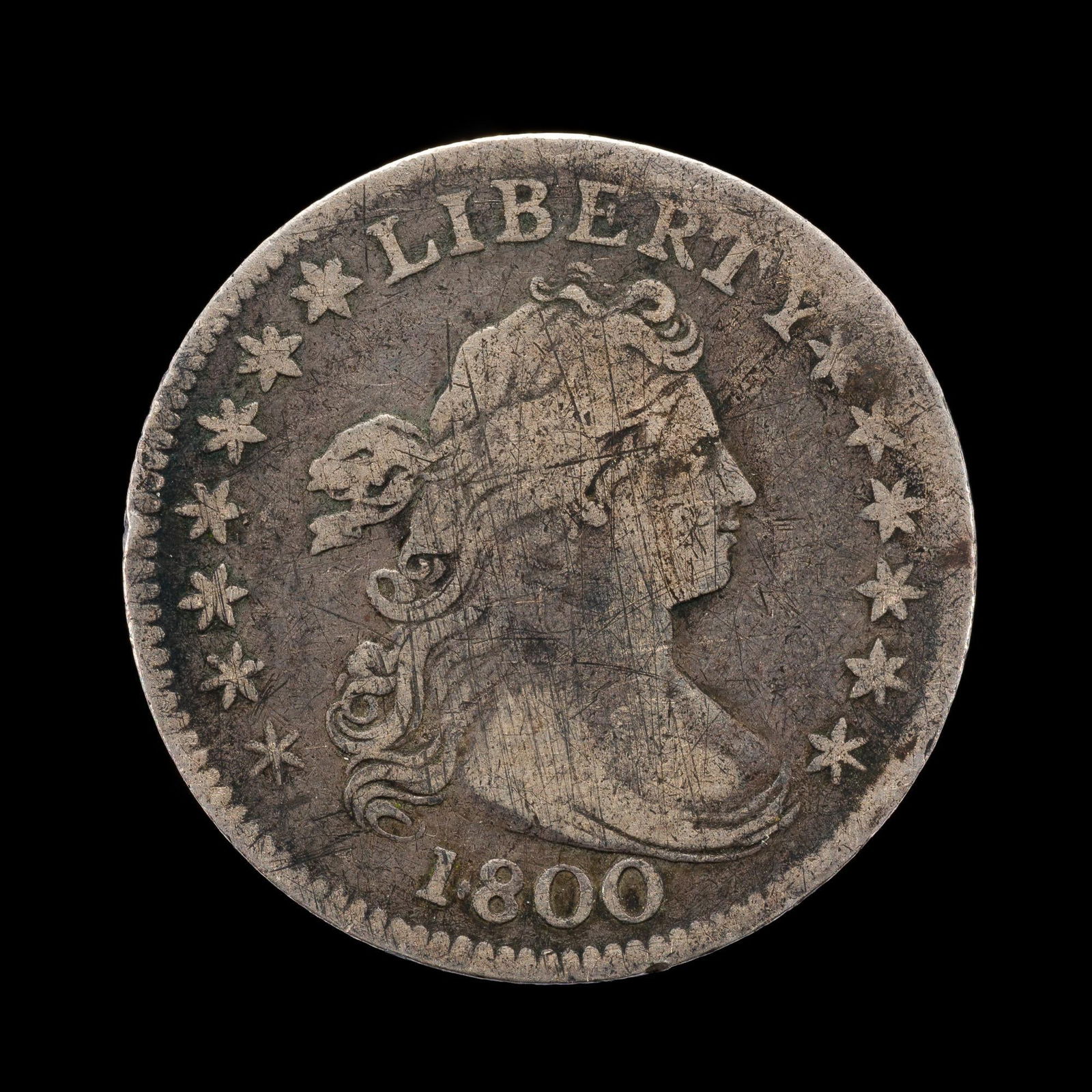 1800 Draped Bust Dime: Good surfaces, VF with numerous adjustment marks. From a high end, silver and copper United States type set with nearly every major coin type from 1794 through the mid 1900's.