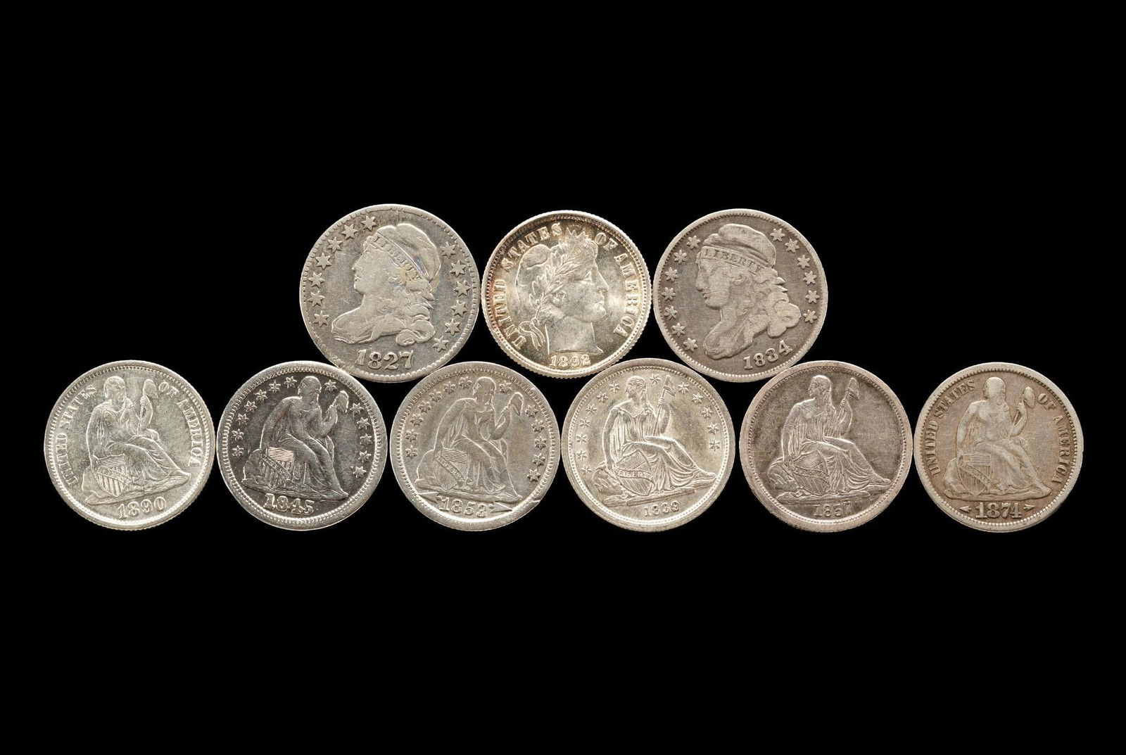 Nine Dimes Capped Bust Seated Barber: 1827 Capped Bust, 1834 Capped Bust, 1837 Large Date AU good surfaces, 1839 No Drape uncirculated, good surfaces, 1845 drape past cleaned, 1853 Arrows, rim nick obverse, 1874 Legend, Arrows, XF, 1890 L