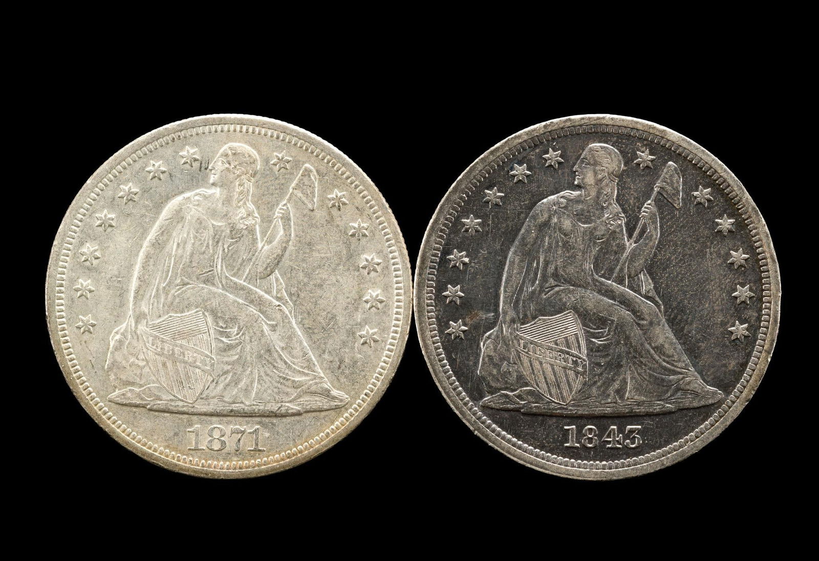 1843 and 1871 Seated Dollars: 1843 No Motto XF/AU and 1871 Motto XF. From a high end, silver and copper United States type set with nearly every major coin type from 1794 through the mid 1900's.