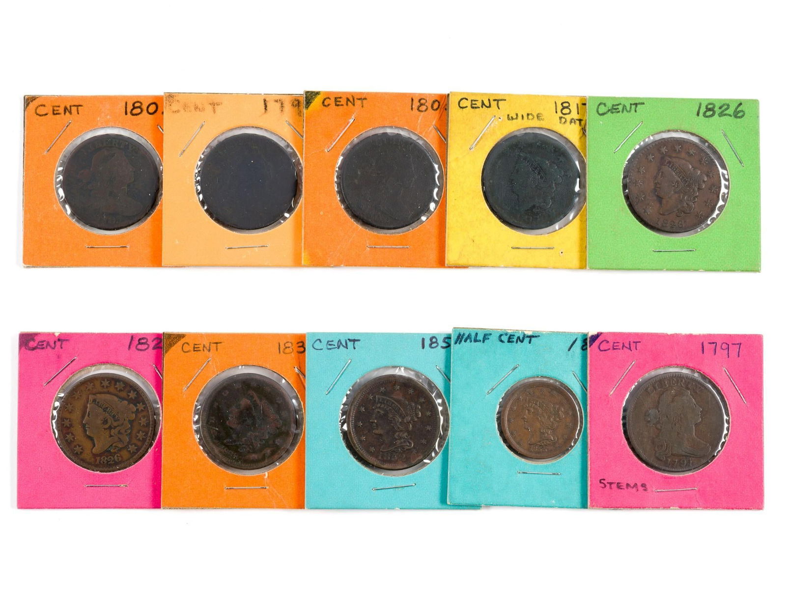 Large Cents and Half Cents Including 1797: The highlight is a strong G 1797 Draped Bust cent, Stems, without problems. Other dates 1798, 1803, 1805,1817, (2) 1826, 1838, 1852. Also a VF to XF 1855 half cent without problems.