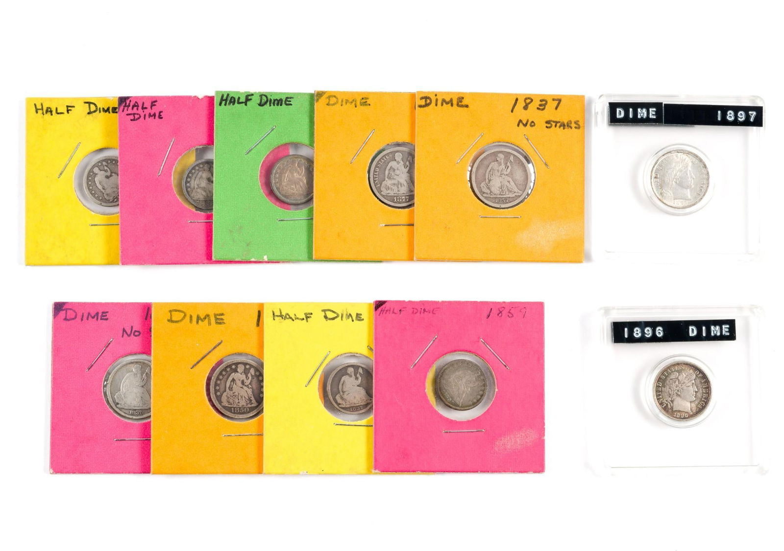 Eleven Dimes and Half Dimes All 1800's: 1897 dime uncirculated details with past cleaning obverse, 1896 dime AU, 1877-CC dime G, 1837 No Stars dime lower G, 1838-O G details past cleaning, 1850 dime lower G, 1859 half dime F, 1852 half dime