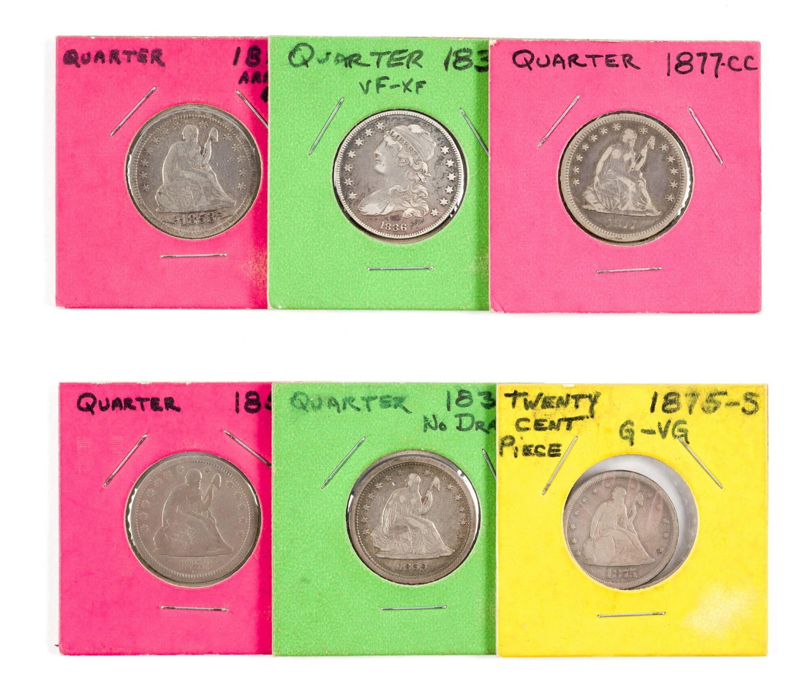 Six Seated Liberty Quarters: 1853 Arrow And rays, 18750S, 1836 VF/XF, 1877-CC, 1858 past cleaning evidence, 1839 No Drape past cleaning evidence.