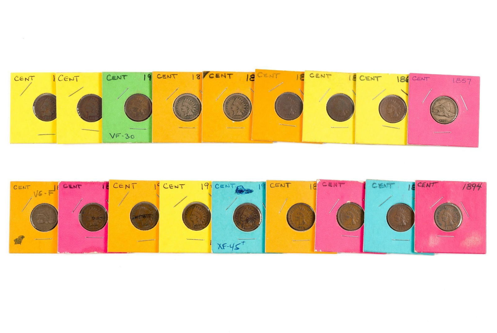 Eighteen Indian Head Cent: Better dates include two 1857 Flying Eagle, 1864, 1871, 1868, (2) 1861.