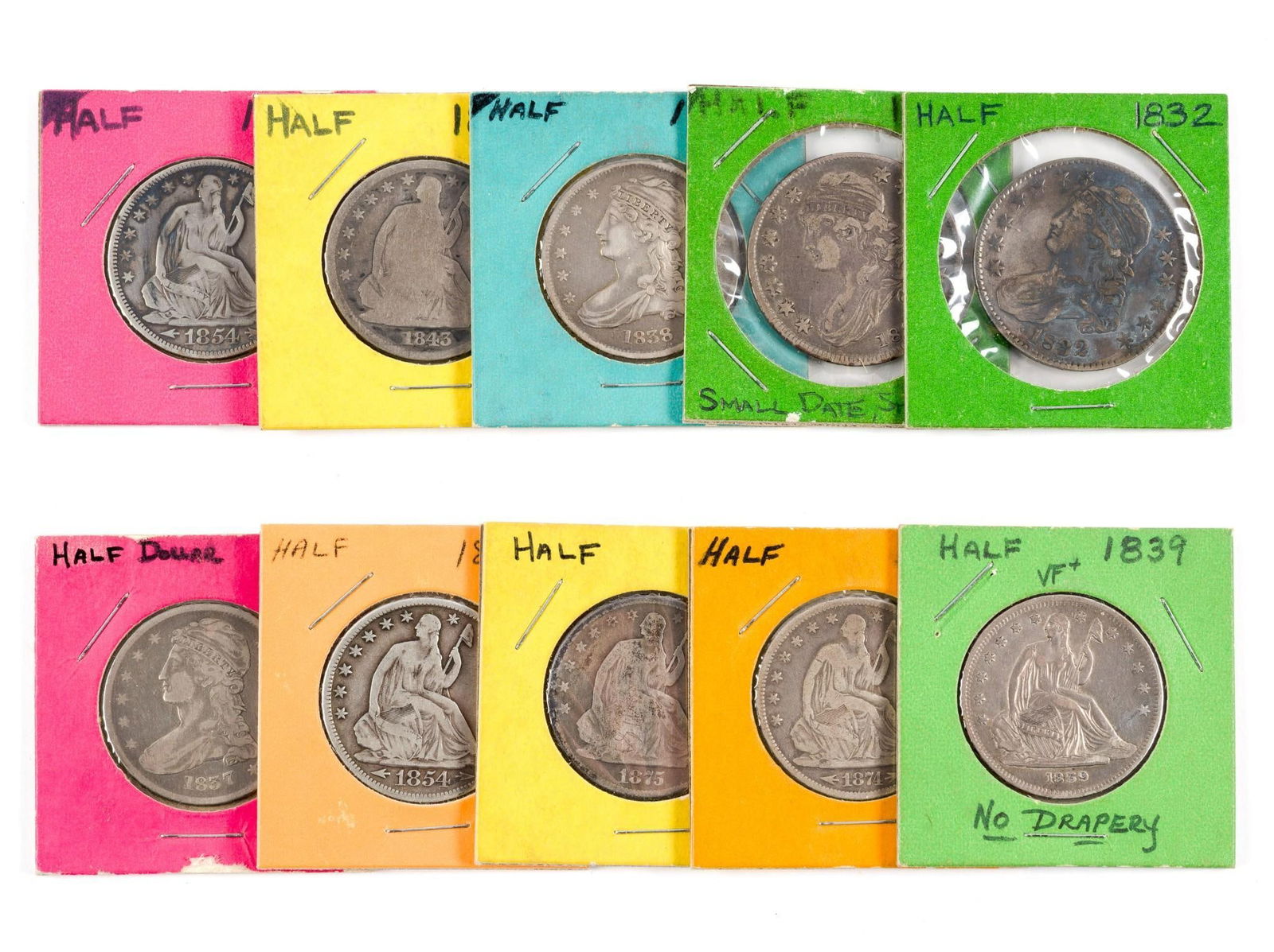Ten Capped Bust and Seated Half Dollars: 1832, 1834, 1837 Reeded Edge, 1838 Reeded edge, 1839 No Drapery past cleaning evidence found, 1843-O past cleaning evidence found, (2) 1854 Arrows, one with past cleaning evidence found, 1874, 1875.