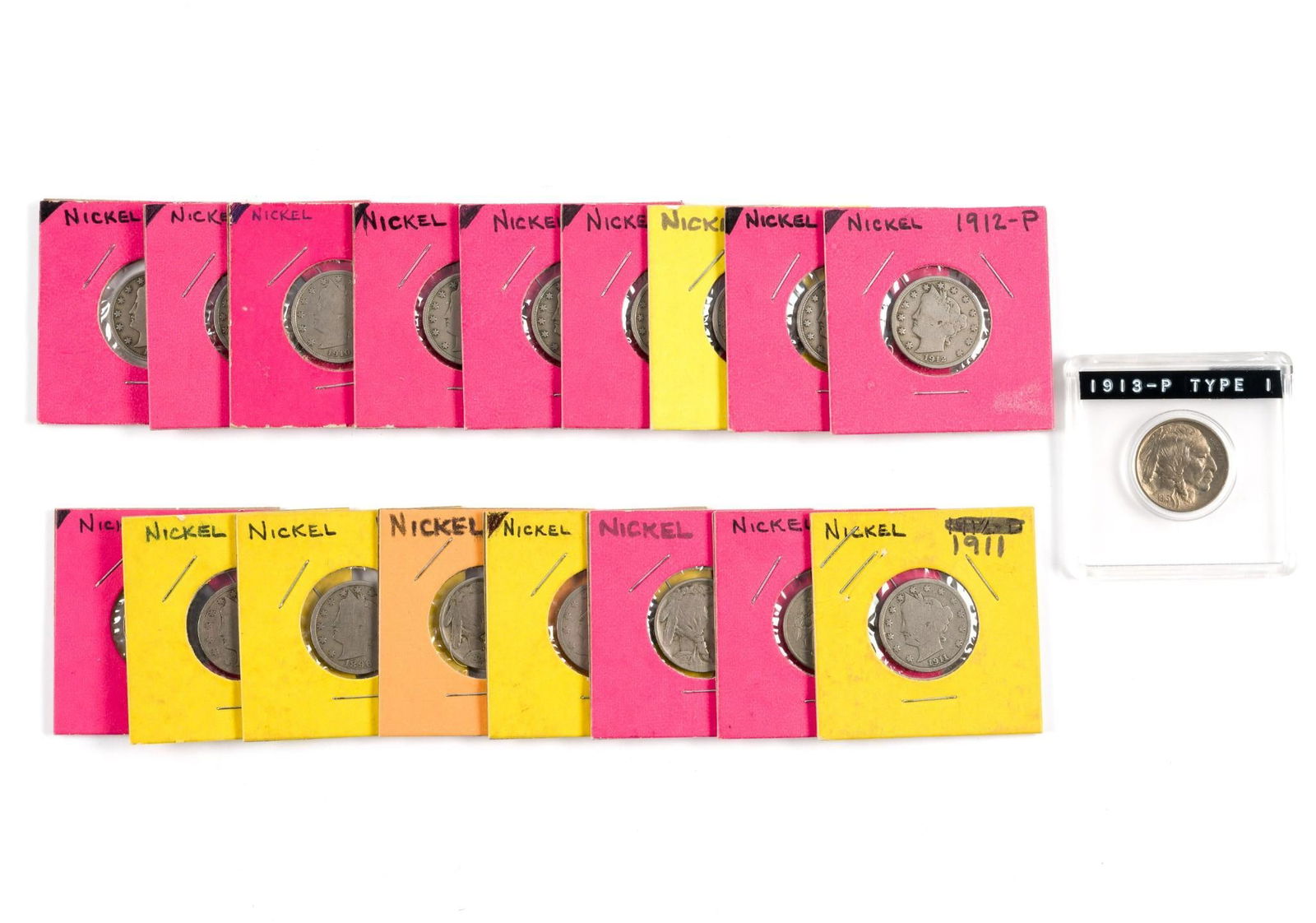 Eighteen Shield, Liberty V, Buffalo Nickels: The majority are Liberty V Nickels. The 1913 Type 1 Buffalo is uncirculated.