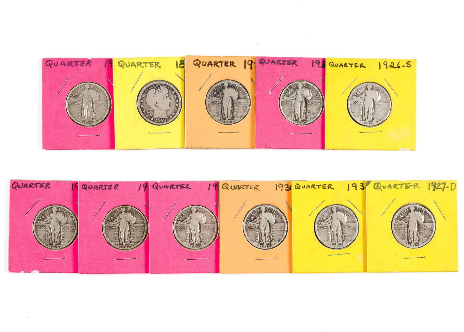 Ten Standing Liberty Quarters and One Barber: Better dates include 1926-S and 1927-D.