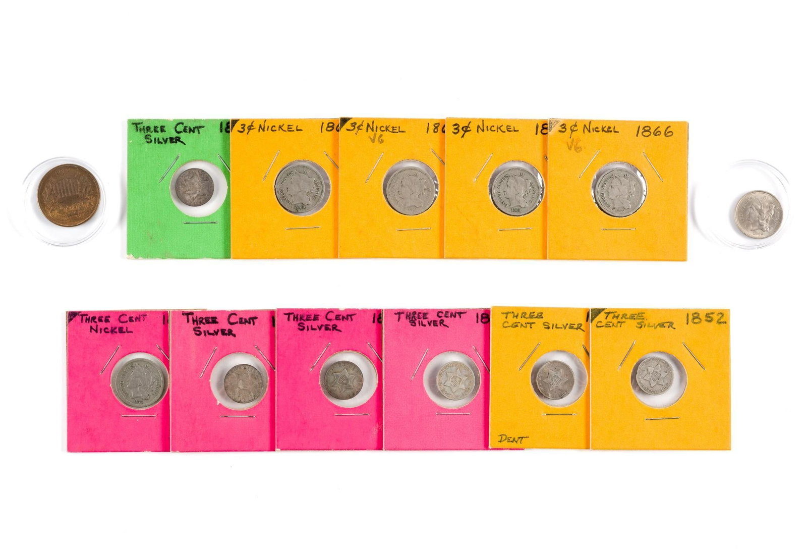 Six 3 Cent Silver Six 3 Cent Nickels and Two Cent Coin: Better Three Cent Silver grades include 1861 AU and 1857 XF to AU. Two 1852 have damage. Two coins including a red brown uncirculated 1865 two cent piece and 1869 three cent nickel are from the major