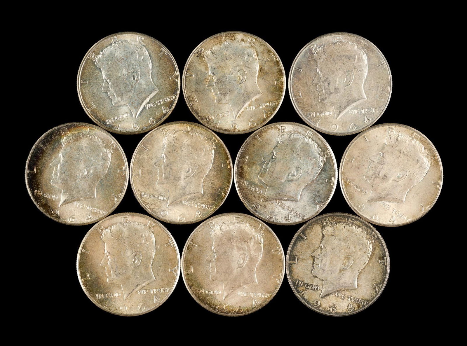 Ten Silver Kennedy Half Dollars: All are 90% silver 1964.