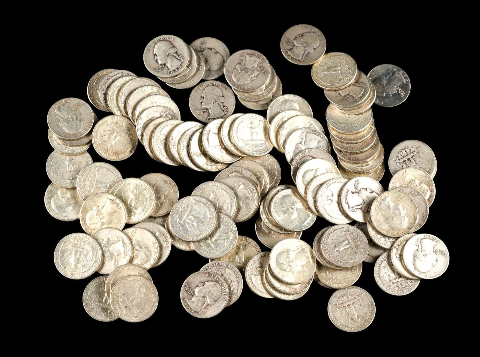 One Hundred Silver Washington Quarters: All are 1964 or earlier.