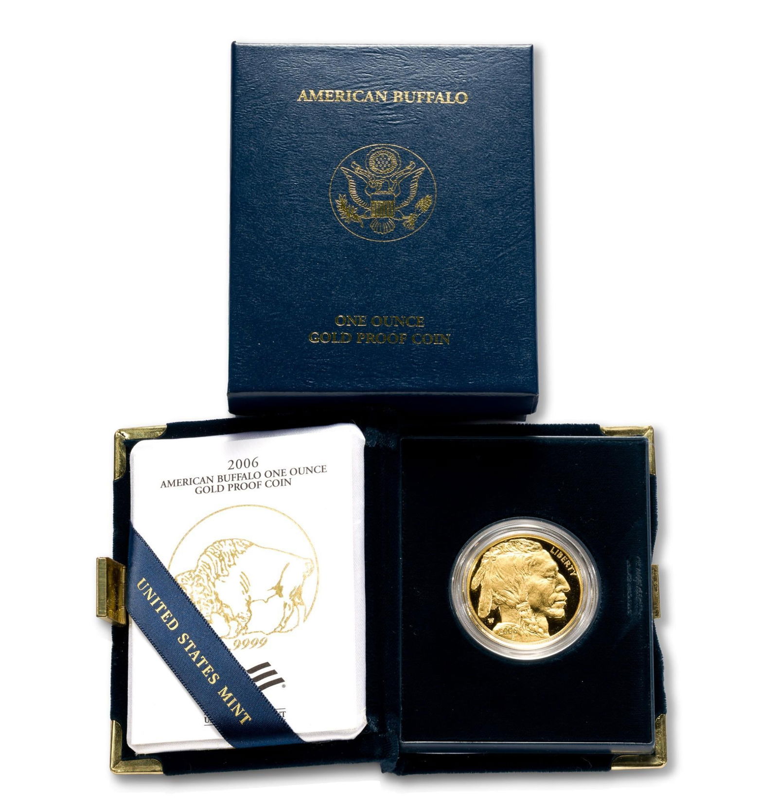 American Buffalo One Ounce Gold Proof Coin: First year issue 2006 cameo proof $50 gold buffalo with boxes and papers.