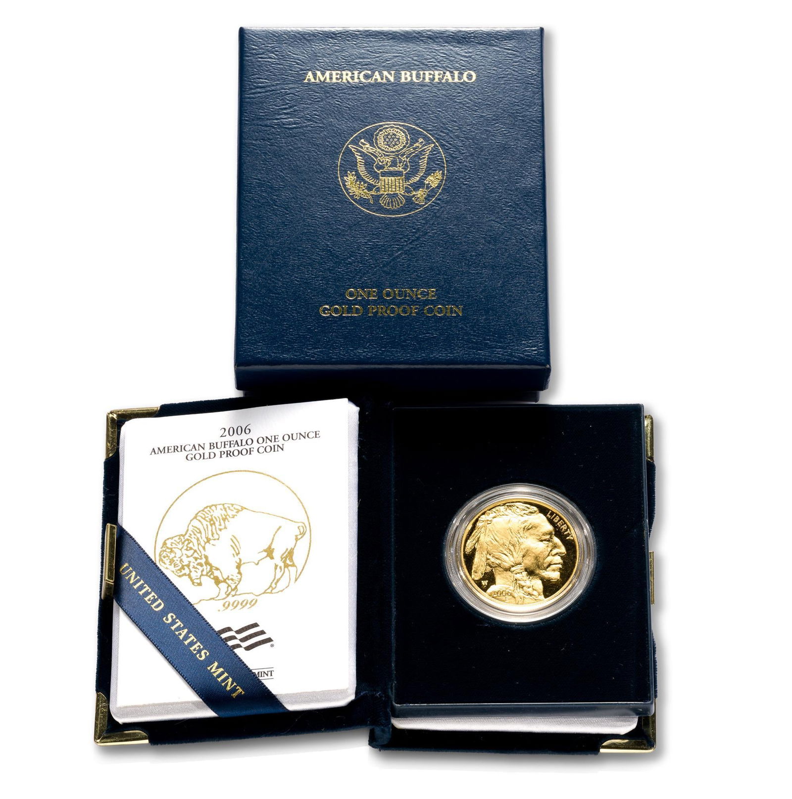 American Buffalo One Ounce Gold Proof Coin: First year issue 2006 cameo proof $50 gold buffalo with boxes and papers.