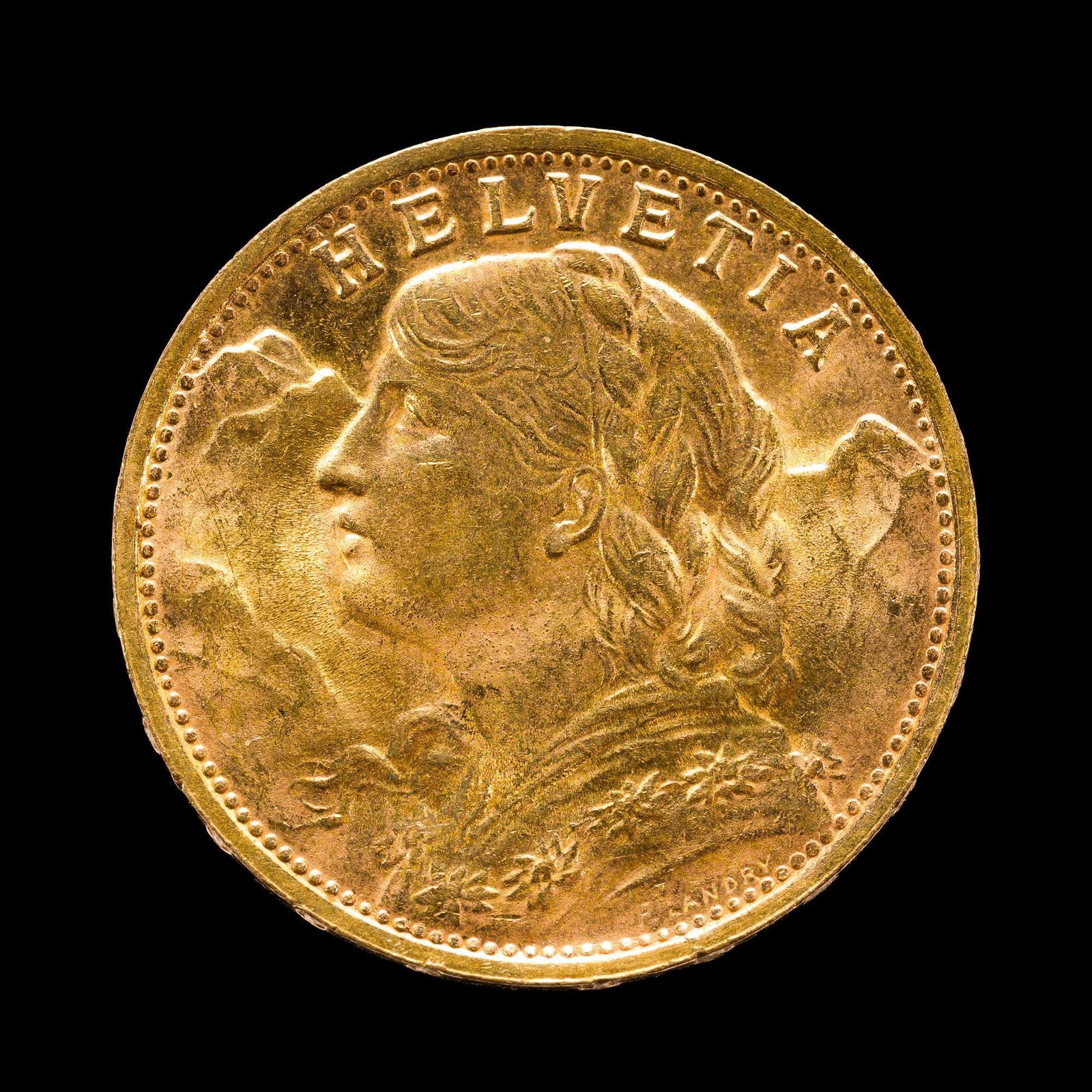 Twenty Swiss Francs Gold Coin: Uncirculated 1935 20 Swiss Francs gold coin.