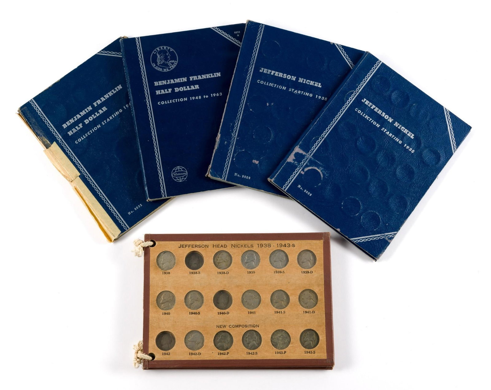 Franklin Silver Half Dollars and Jefferson Nickels Coin Books: Two books of Franklin halves containing 41 coins. Three Jefferson nickel books with each book missing only one Wartime.