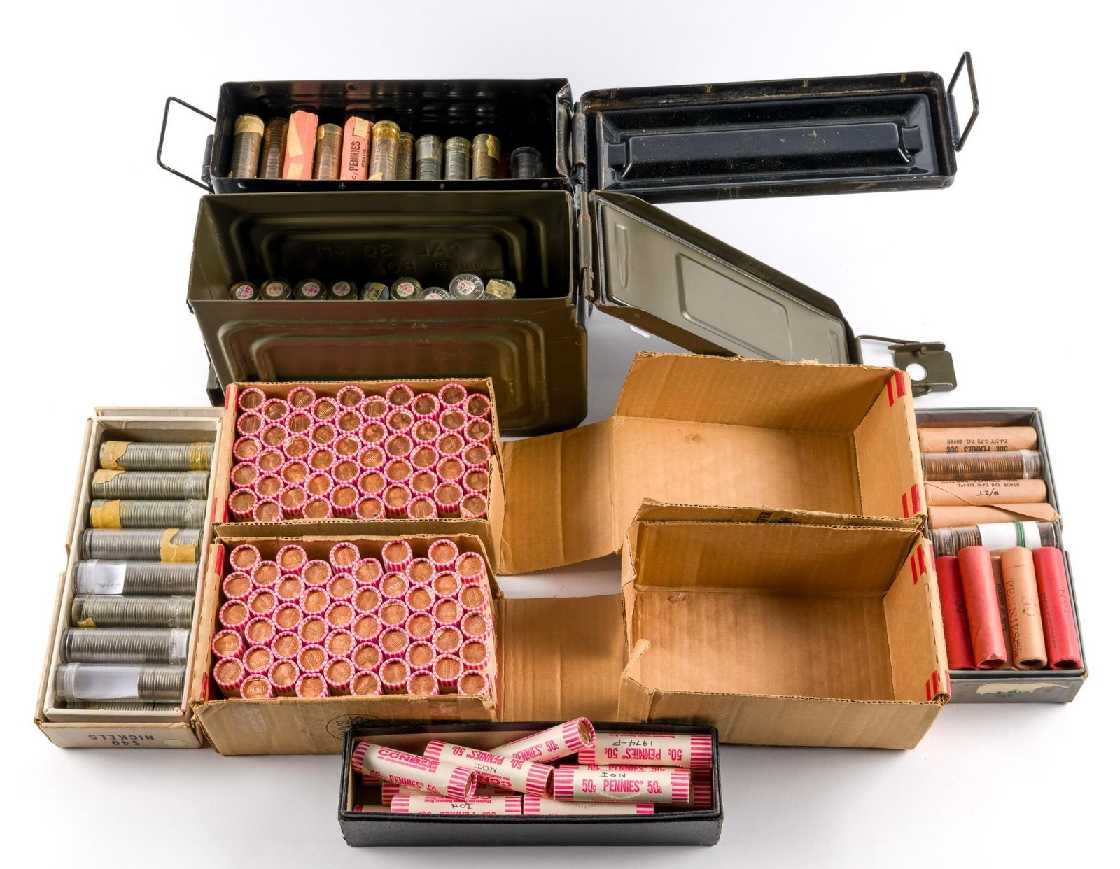 Copper Cents and Nickels: NOT ELIGIBLE FOR IN-HOUSE SHIPPING: See Terms for Shipping Options. 100 Rolls uncirculated 1980 cents, 70 rolls 1941 through 1964 with P,D, and S rolls for each date (some later dates are P and D only