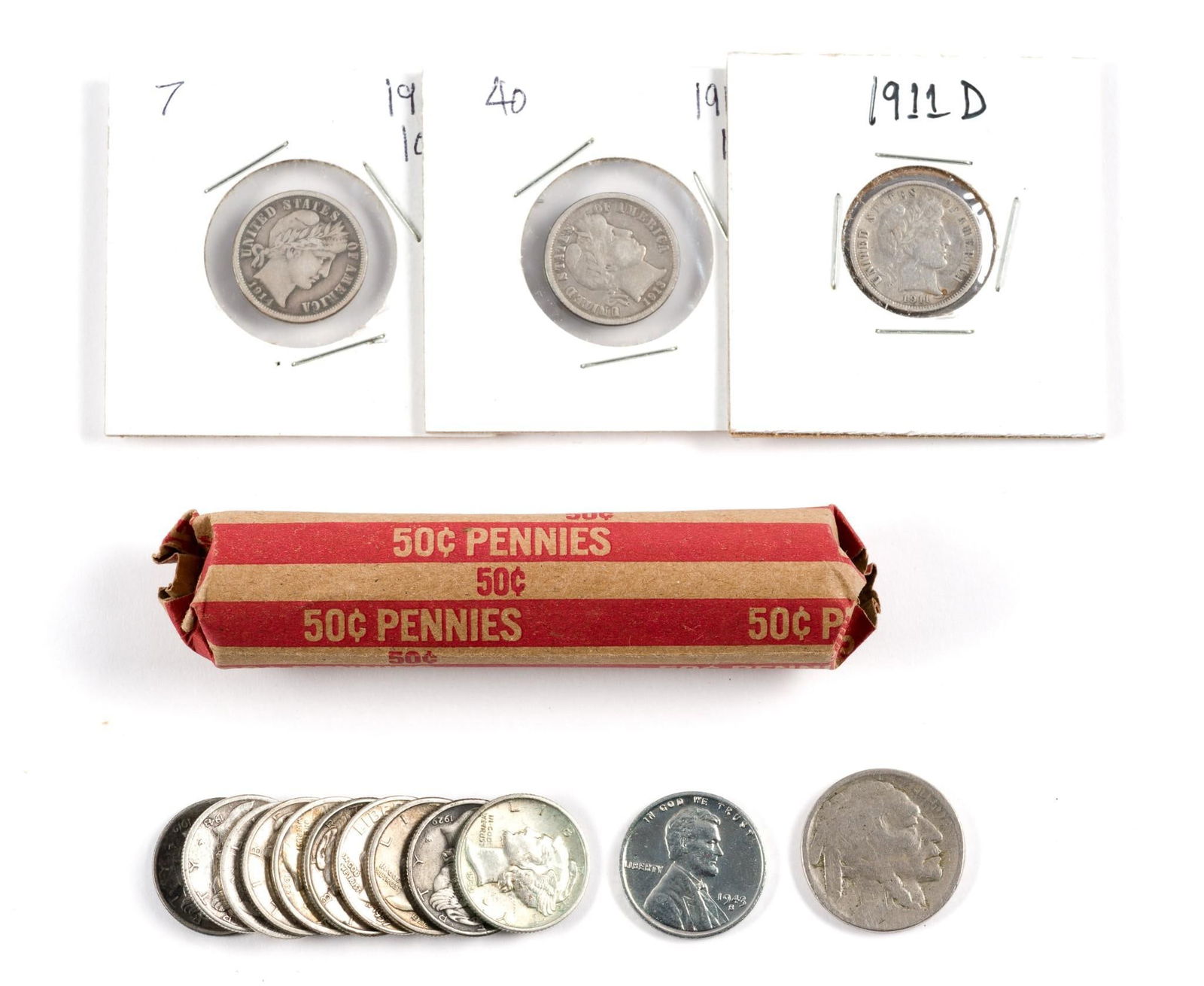 Silver Mercury and Barber Dimes and Wheat Cents: 1914, 1913, 1911-D all VF to XF and ten mercury dimes, one roll wheat cents, more.