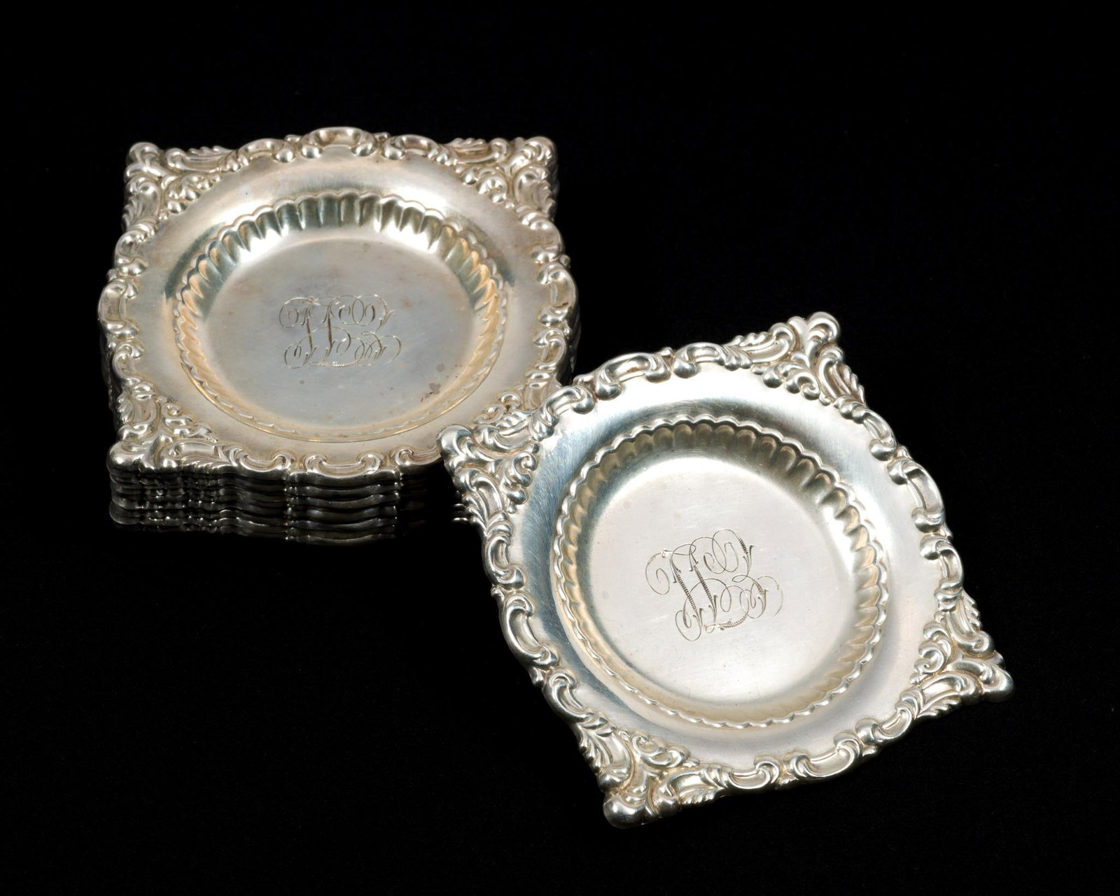 12 Hamilton & Diesinger Sterling Silver Butter Trays: All marked. 2-3/4" wide x 1/4" high. 10.04 ozt total.