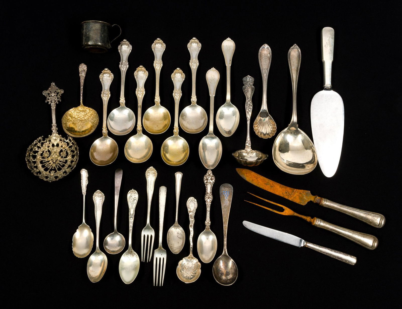 28 Pcs Sterling Silver incl. Gorham: All marked. 37.24 ozt total, 28.60 ozt without sterling handled pieces.