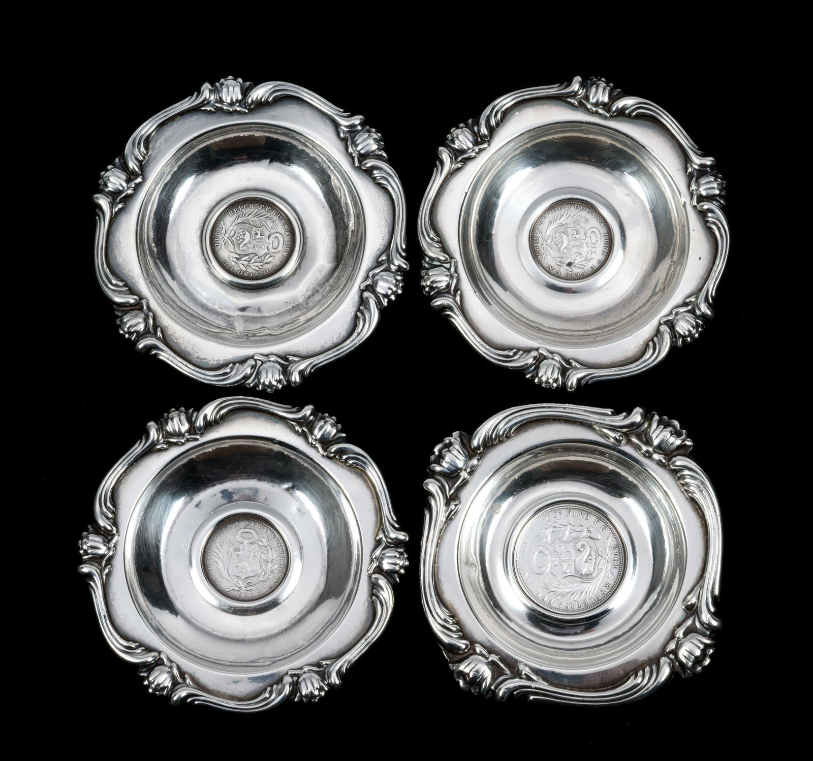 4 Peruvian Sterling Silver Coin Plates: All marked 925. Marked Made in Peru. 4.40 ozt total. 3-1/2" wide x 3/4" high.