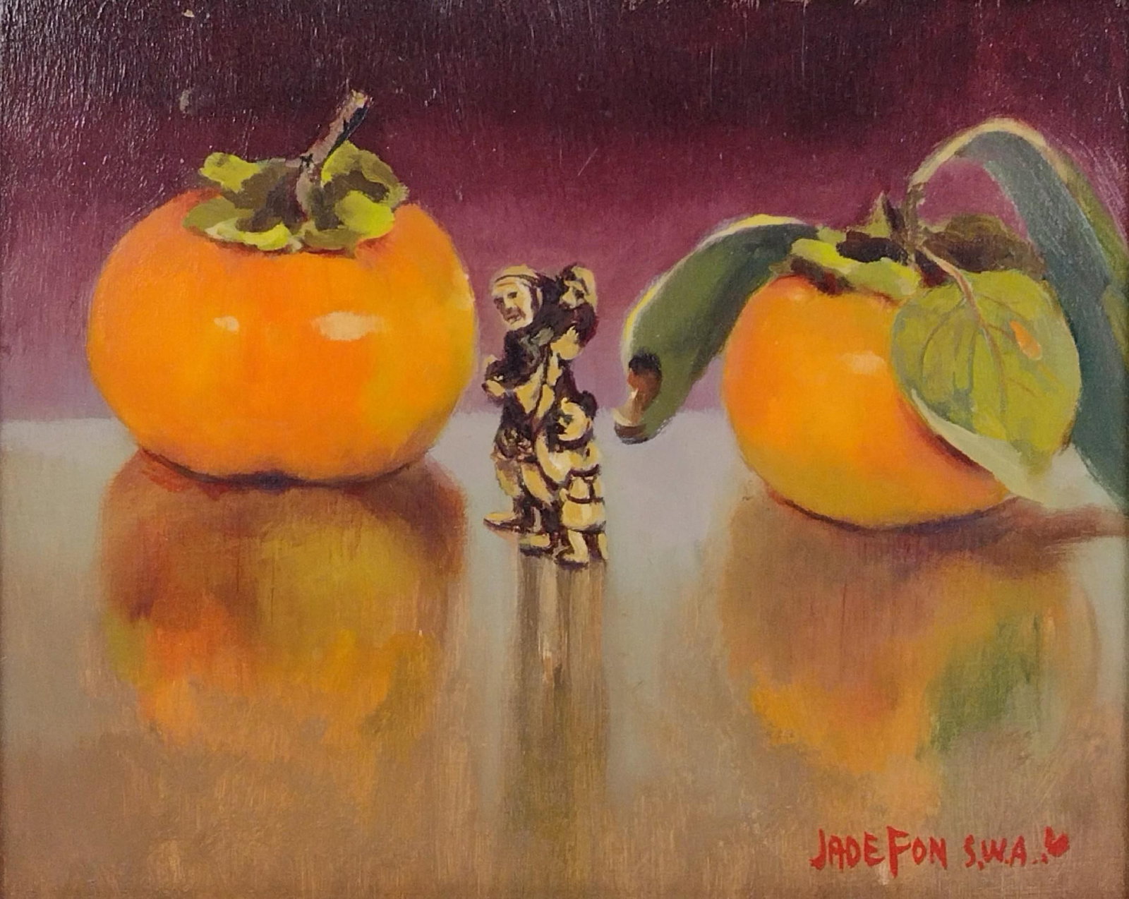 Jade Fon (American, 1911 - 1983) Oil On Board Still Life: Sight 7-1/2" high X 10" wide. Overall with frame 14-1/4" high X 16-1/4" wide.