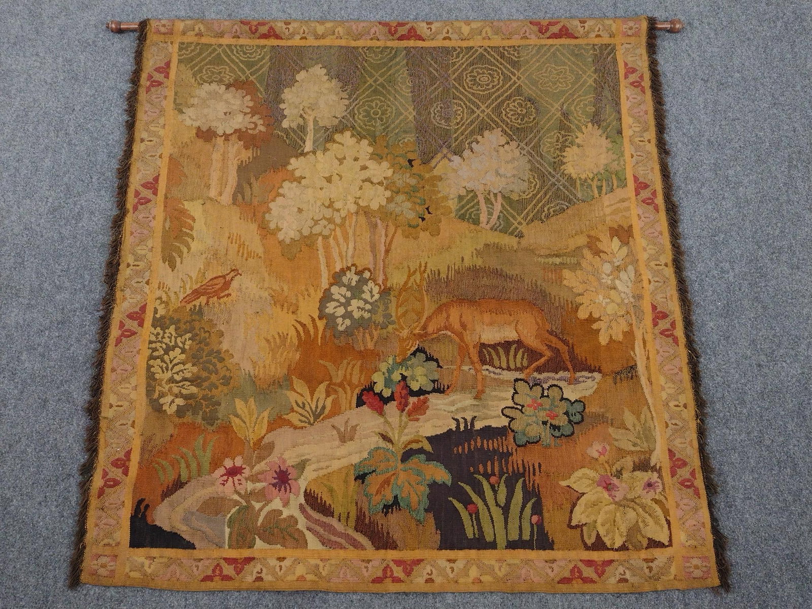 Wall Hanging Tapestry With Deer: 54" wide X 58" high. Probably early 20th century.