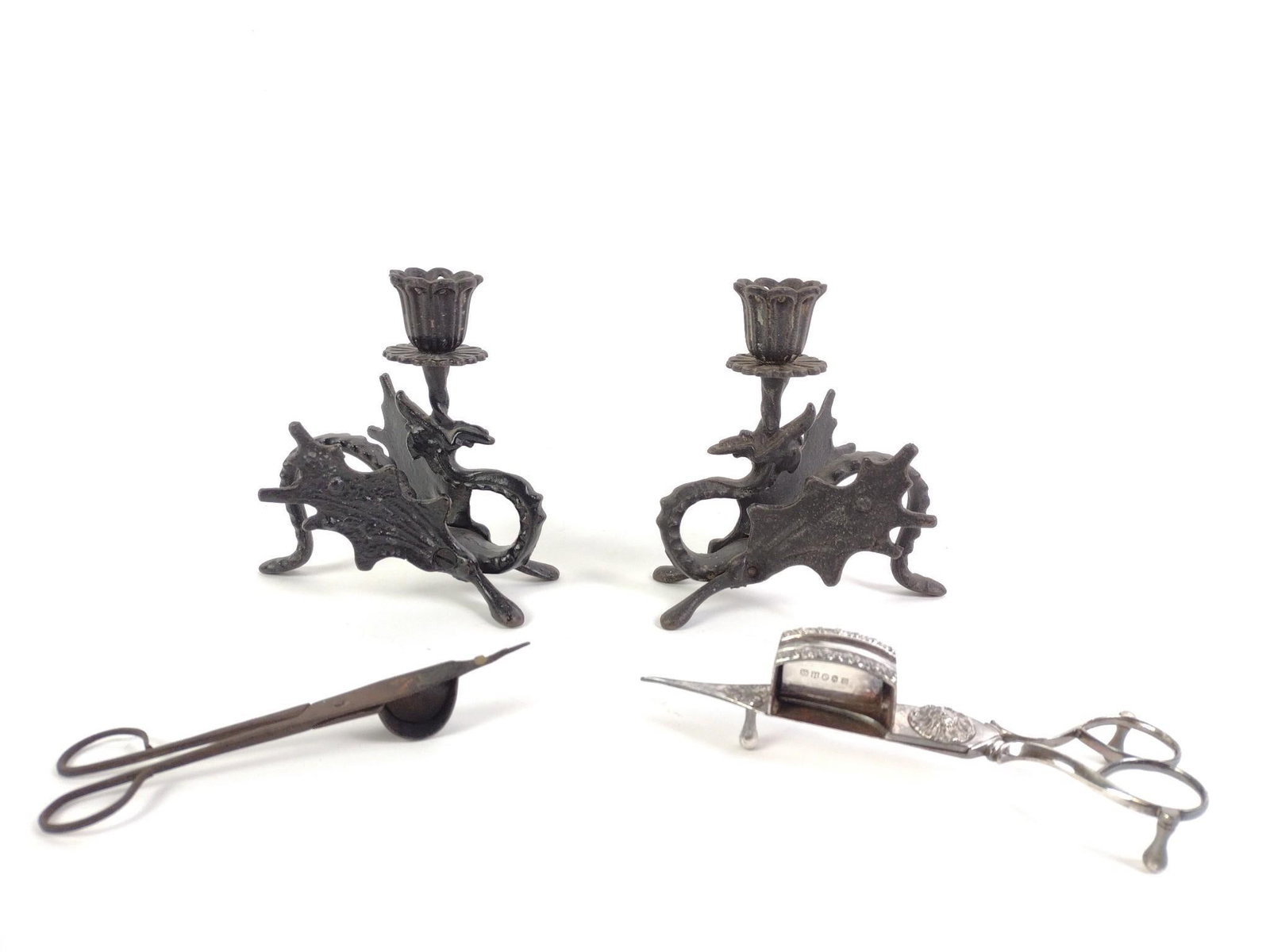 Dragon Candle Holders & Snuffers: Candle holders 4" wide X 5-1/2" deep X 5-1/2" high.