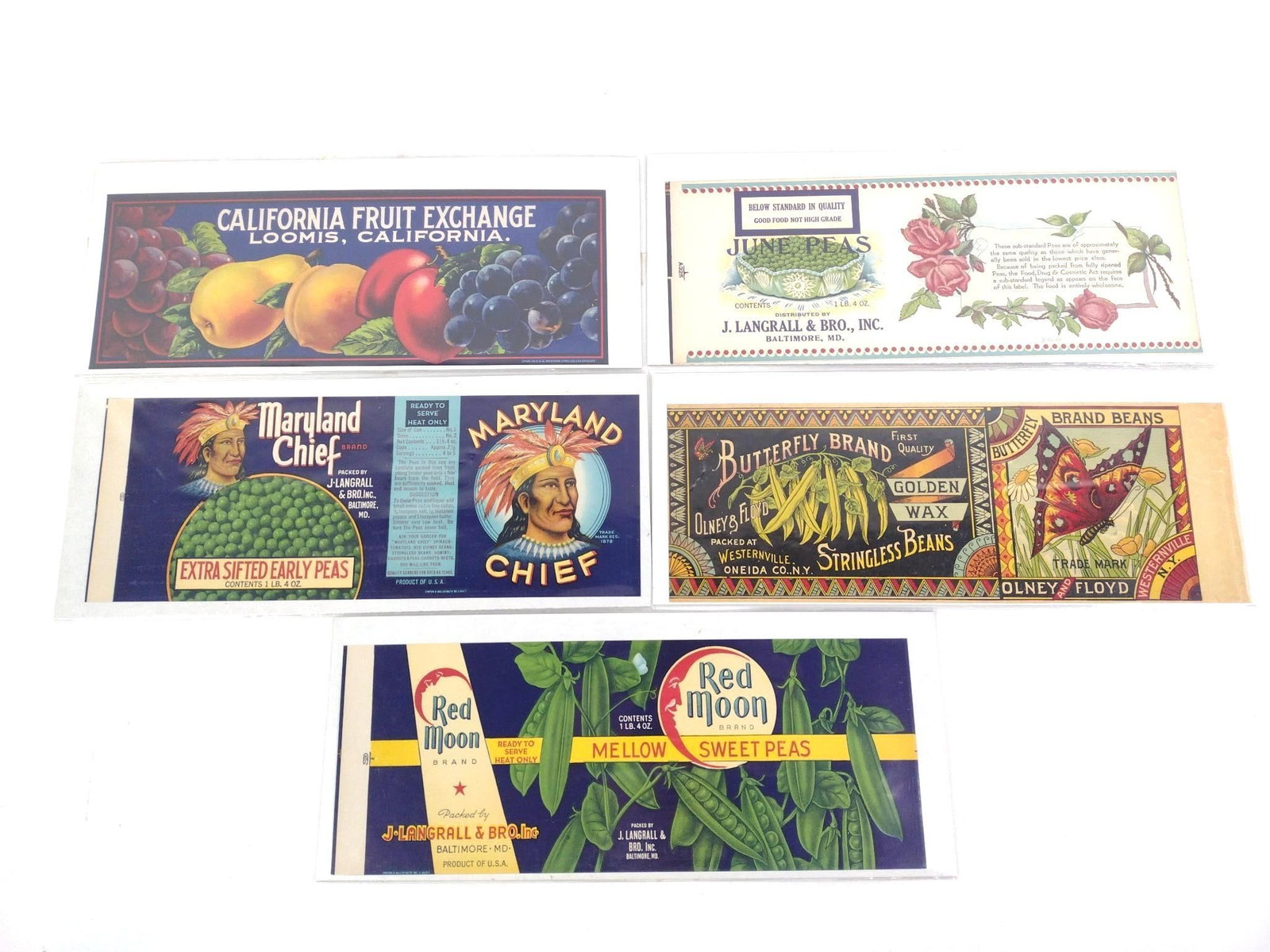 5 Vintage Can Labels Incl Red Moon: Each 11" wide X 4-1/4" high.