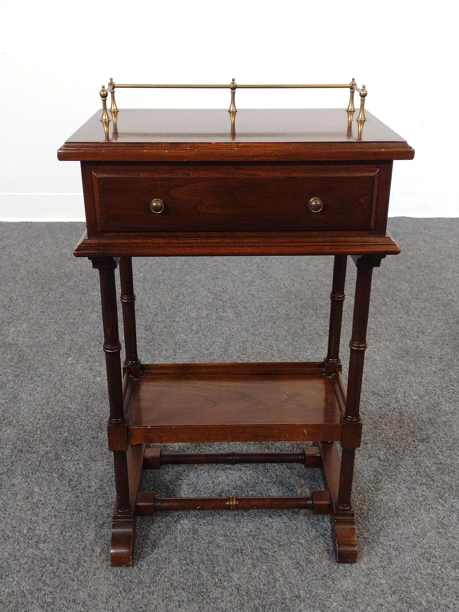 Ethan Allen Telephone Stand W/ Brass Gallery: 15-1/4" wide X 10" deep X 24-1/2" high. Has a few scratches.