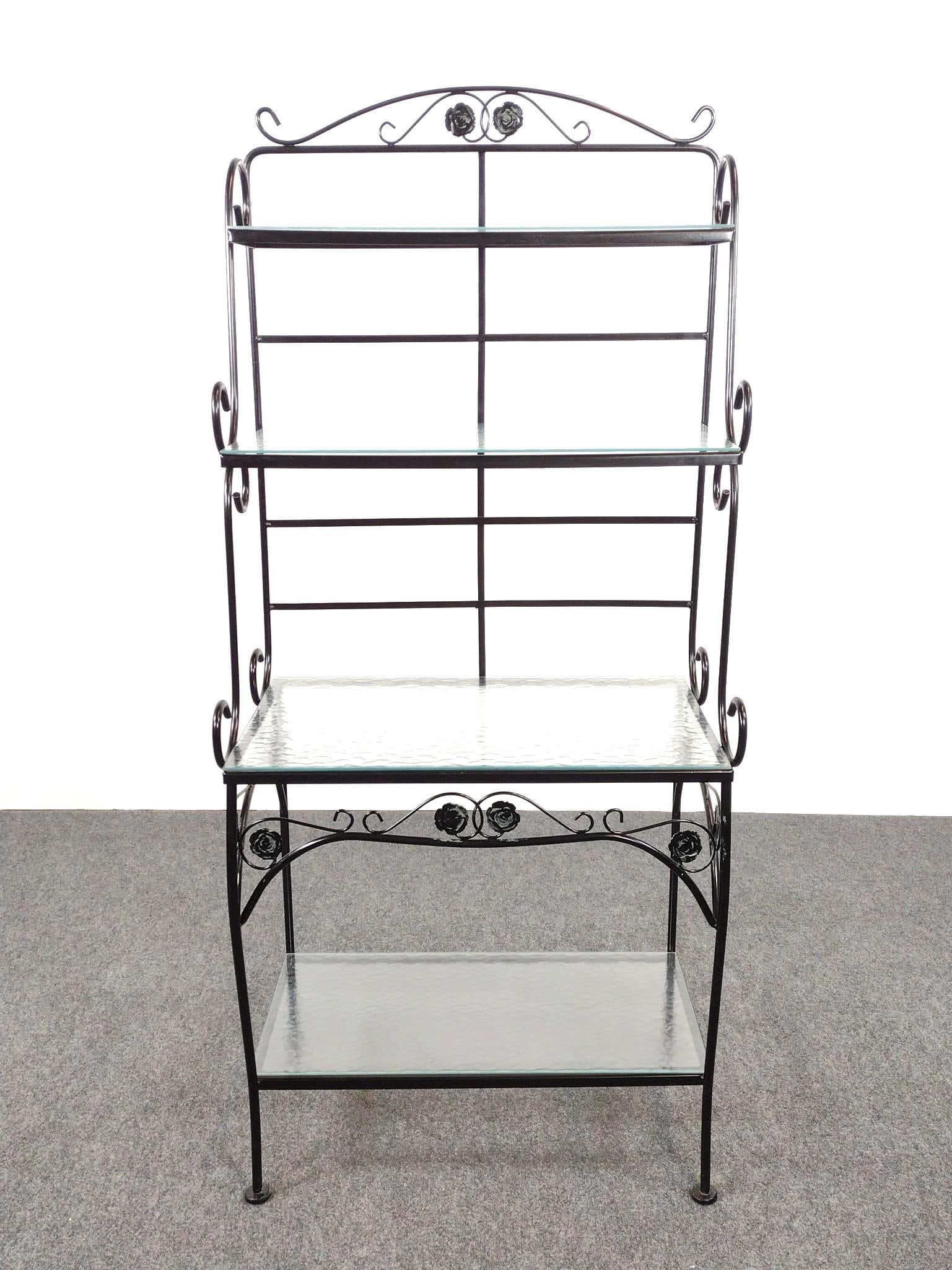 Bakers Rack W/ Glass Shelves: 31" wide X 18-1/4" deep X 69-1/2" high. No manufactures name found.