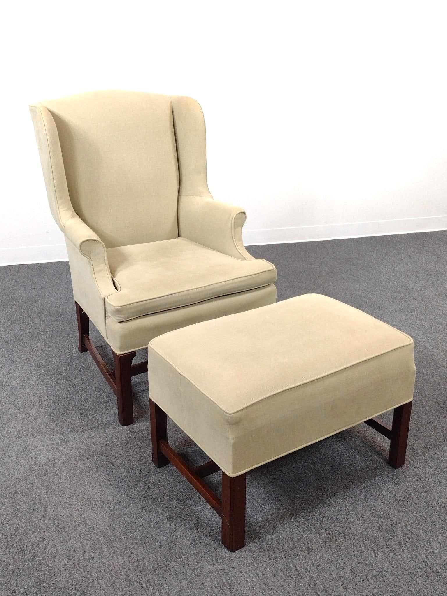 Wingback Chair W/ Ottoman: Chair 26" wide X 24-1/2" deep X 41" high. Ottoman 26" wide X 18" deep X 18" high. No manufactures name found.