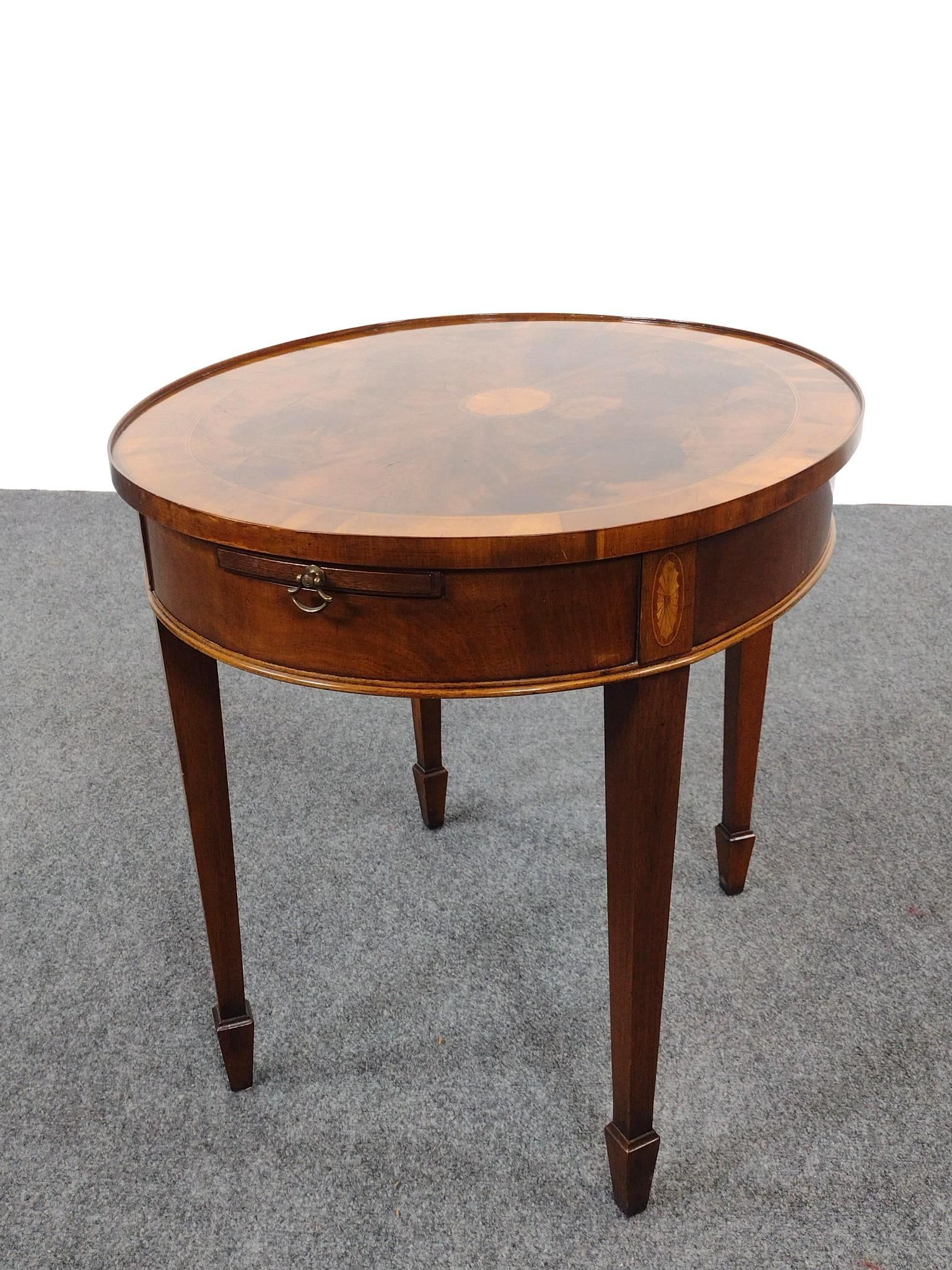 Inlaid End Table W/ Pullout: 22" wide X 26" deep X 23" high. Has a few light scratches. No manufactures name found.