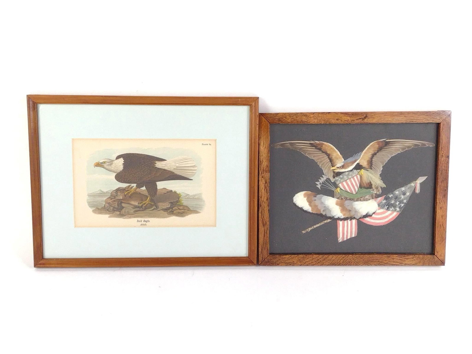 2 Framed Eagles Incl Folk Art Feather Painting: 9" to 10" high X 11" to 12-1/2" wide.