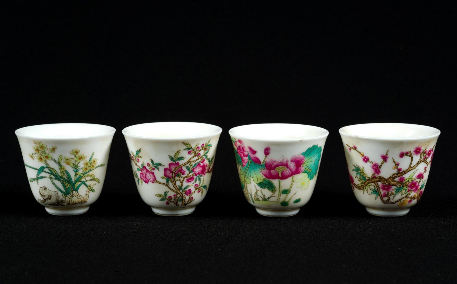 4 Chinese Tea Cups: All marked on bottom. All measure 2-1/2" wide x 2" high.